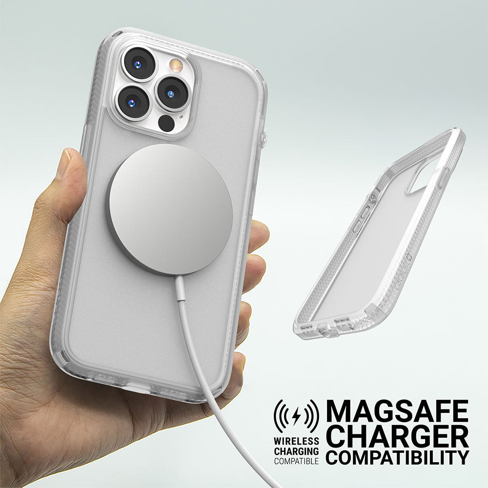 Catalyst iphone 13 series influence case in iphone 13 pro clear colorway with magsafe charger alt text wireless charging compatible magsafe charger compatibility 