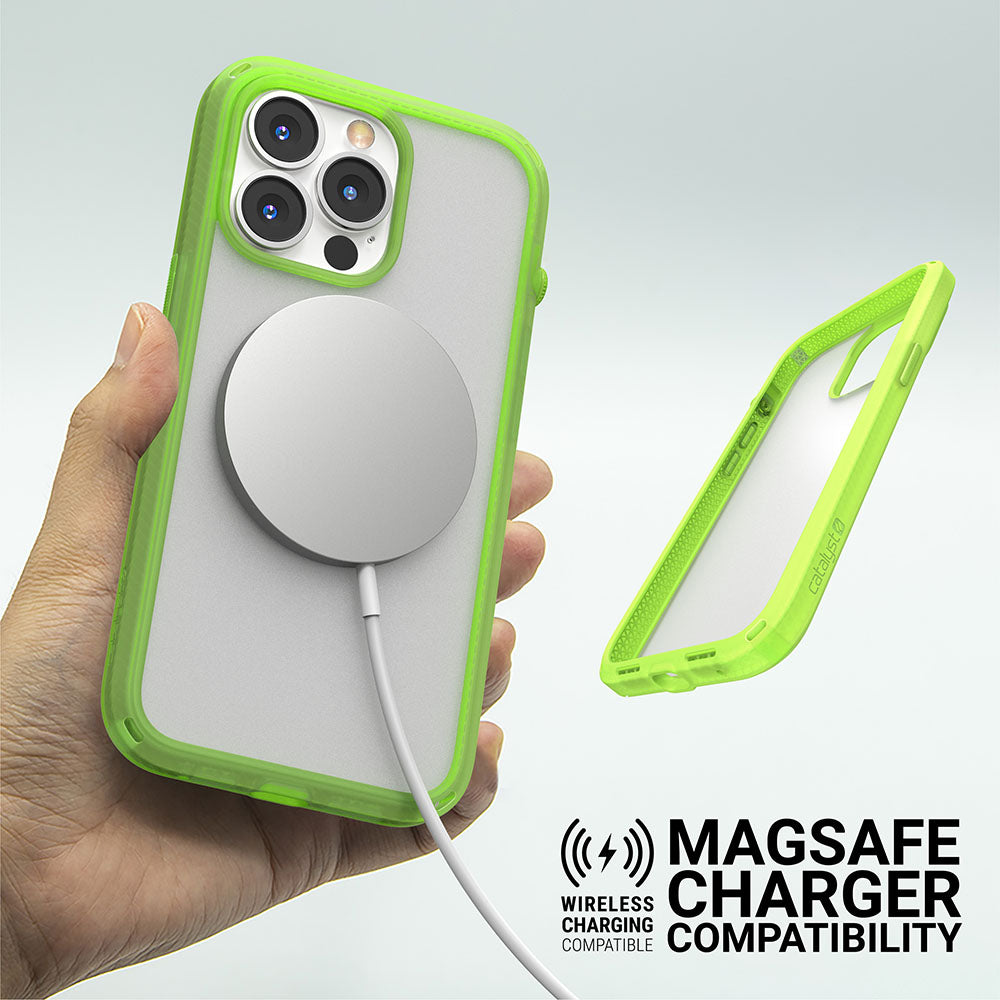 Catalyst iphone 13 series influence case in iphone 13 pro glowing in the dark colorway with magsafe charger alt text wireless charging compatible magsafe charger compatibility