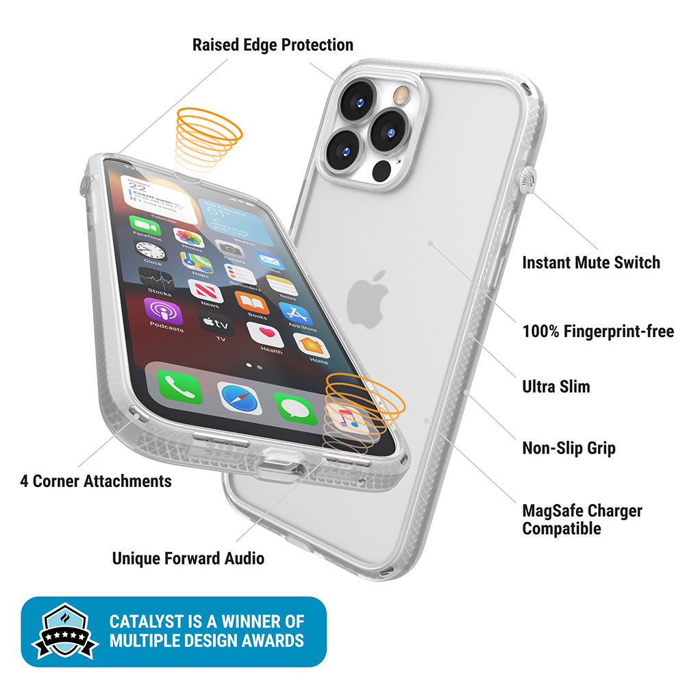 Catalyst iphone 13 series influence case in iphone 13 po max clear colorway showing the case features text reads raised edge protection instant mute switch 100% fingerprint free ultra-slim non-slip-grip magsafe charger compatible 4 corner attachments unique forward audio