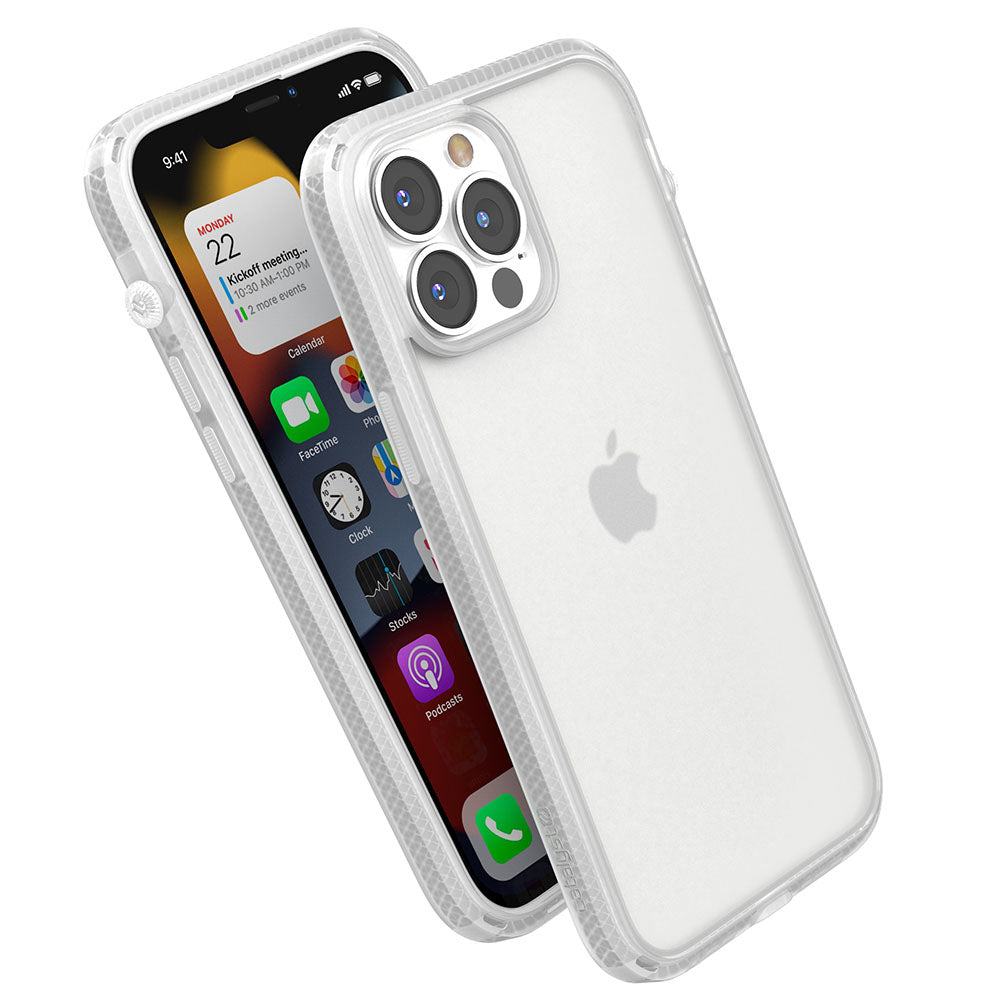 Catalyst iphone 13 series influence case in iphone 13 pro max clear colorway showing the side front and back view of the case