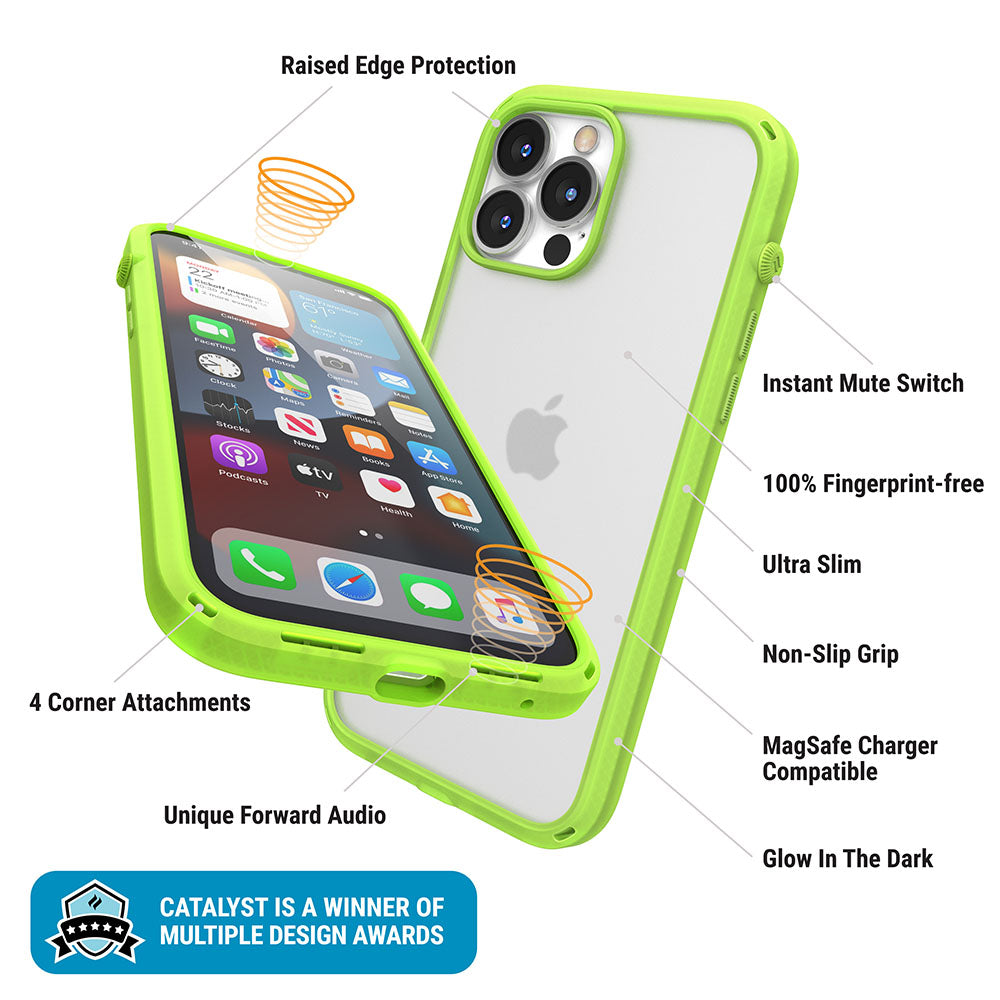 Catalyst iphone 13 series influence case in iphone 13 pro max glowing in the dark colorway showing the case features text reads raised edge protection instant mute switch 100% fingerprint free ultra-slim non-slip-grip magsafe charger compatible 4 corner attachments unique forward audio
