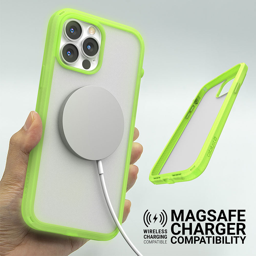 Catalyst iphone 13 series influence case in iphone 13 pro max glowing in the dark colorway with magsafe charger alt text wireless charging compatible magsafe charger compatibility