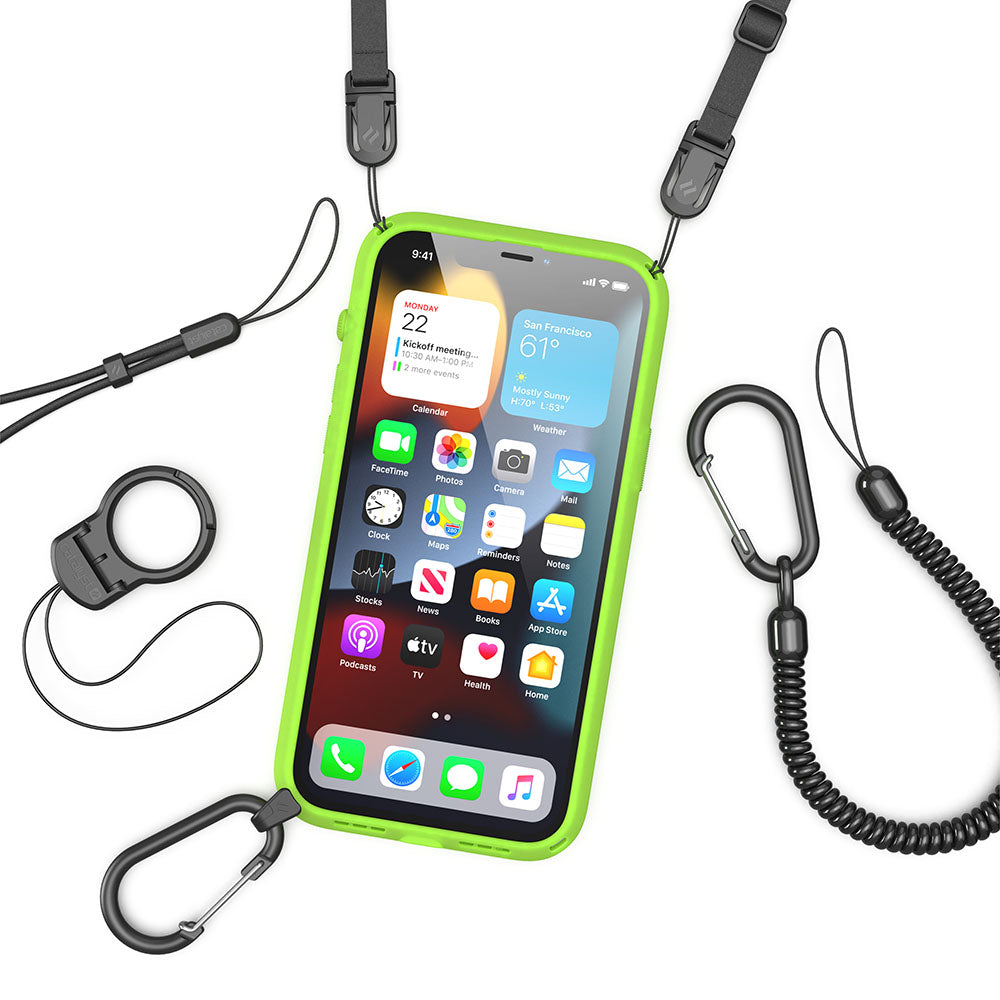 Catalyst iphone 13 series influence case in iphone 13 pro max glowing in the dark colorway with shoulder strap and carabiner