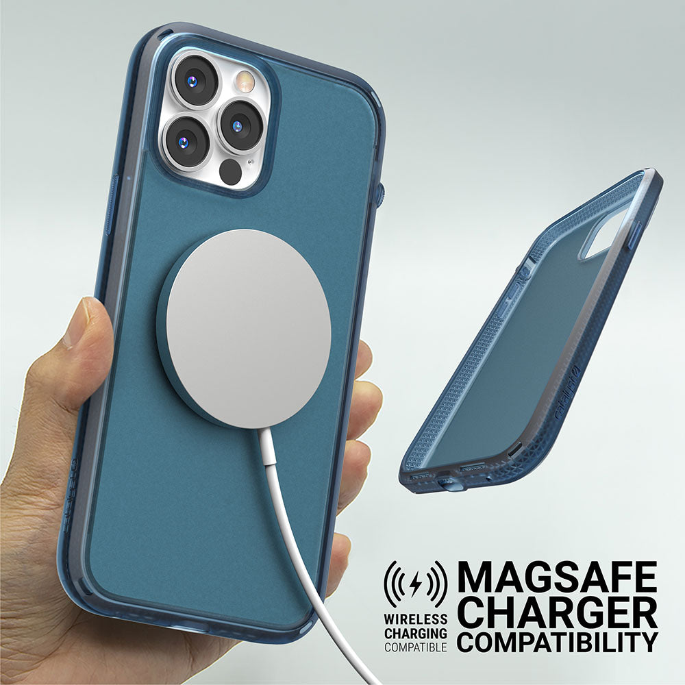 Catalyst iphone 13 series influence case in iphone 13 pro max pacific blue colorway with magsafe charger alt text wireless charging compatible magsafe charger compatibility