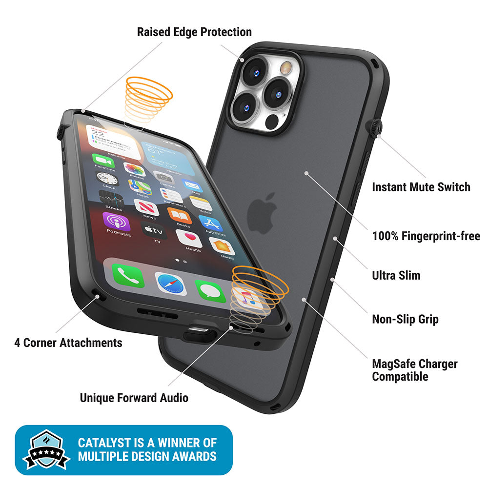 Catalyst iphone 13 series influence case in iphone 13 pro max stealth black showing the case features text reads raised edge protection instant mute switch 100% fingerprint free ultra-slim non-slip grip magsafe charger compatible unique forward audio 4 corner attachments