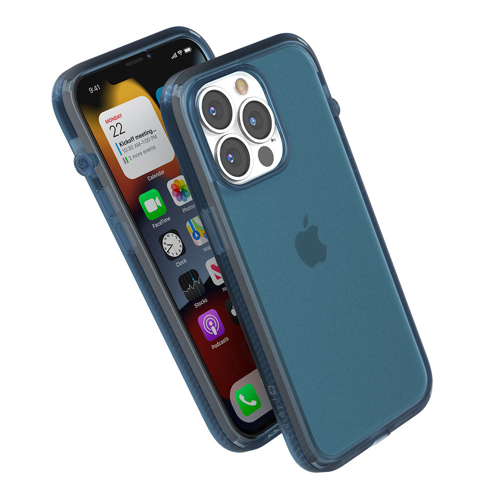 Catalyst iphone 13 series influence case in iphone 13 pro pacific blue colorway showing the side front and back view of the case