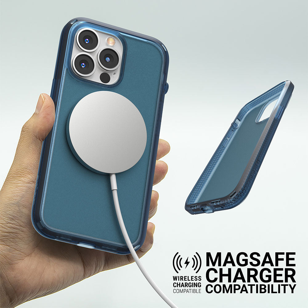 Catalyst iphone 13 series influence case in iphone 13 pro pacific blue colorway with magsafe charger alt text wireless charging compatible magsafe charger compatibility