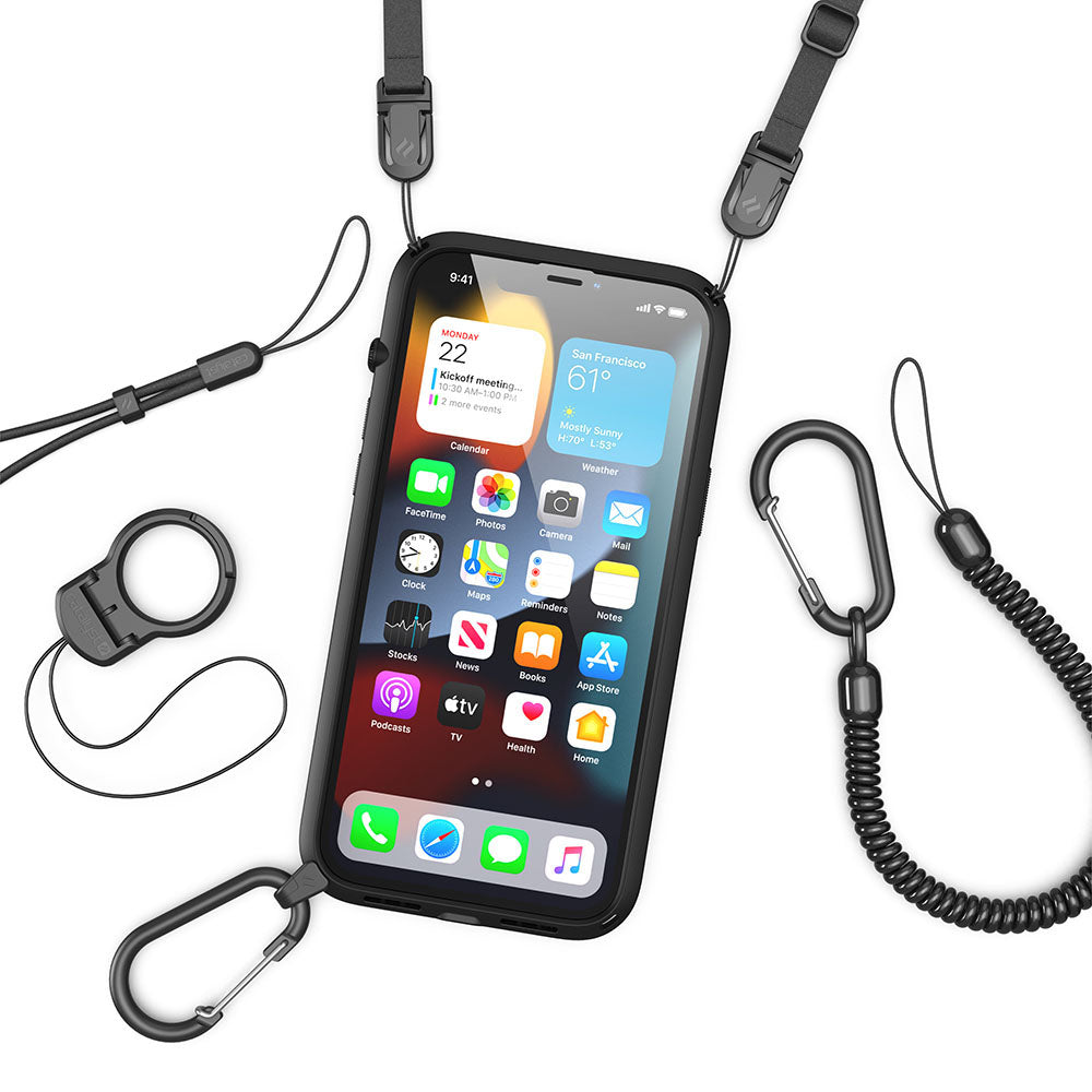 Catalyst iphone 13 series influence case in iphone 13 pro stealth black colorway with shoulder strap and carabiner