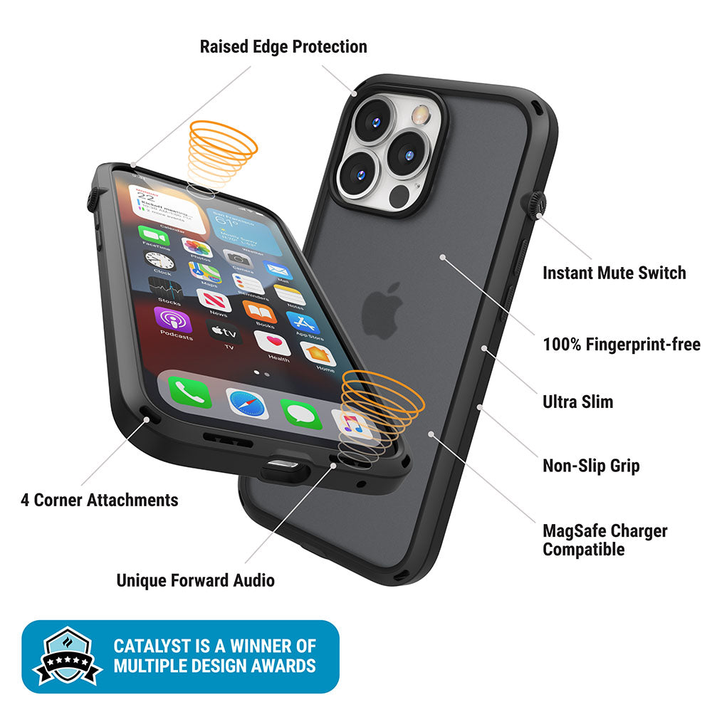 Catalyst iphone 13 series influence case in iphone 13 stealth black showing the case features text reads raised edge protection instant mute switch 100% fingerprint free ultra-slim non-slip grip magsafe charger compatible unique forward audio 4 corner attachments