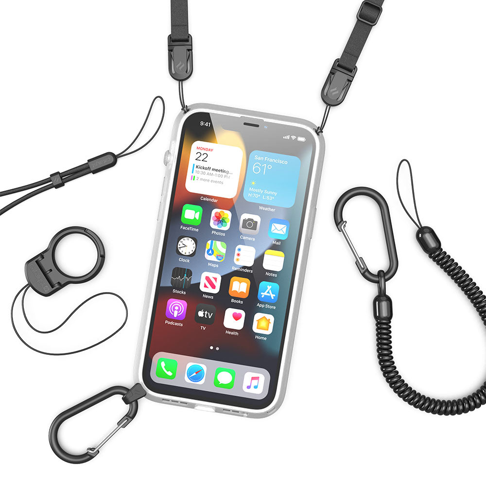 Catalyst iPhone 13 series influence case in iphone 13 pro max clear colorway with shoulder strap and carabiner