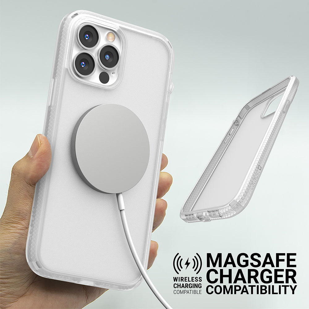 Catalyst iphone 13 series influence case in iphone 13 pro max clear colorway with magsafe charger alt text wireless charging compatible magsafe charger compatibility