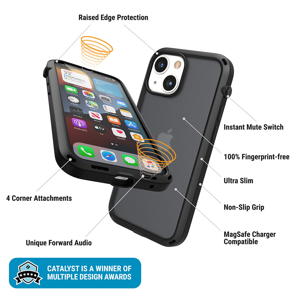Catalyst iphone 13 series influence case in iphone 13 mini in stealth black showing the case features text reads raised edge protection instant mute switch 100% fingerprint free ultra-slim non-slip grip magsafe charger compatible unique forward audio 4 corner attachments 
