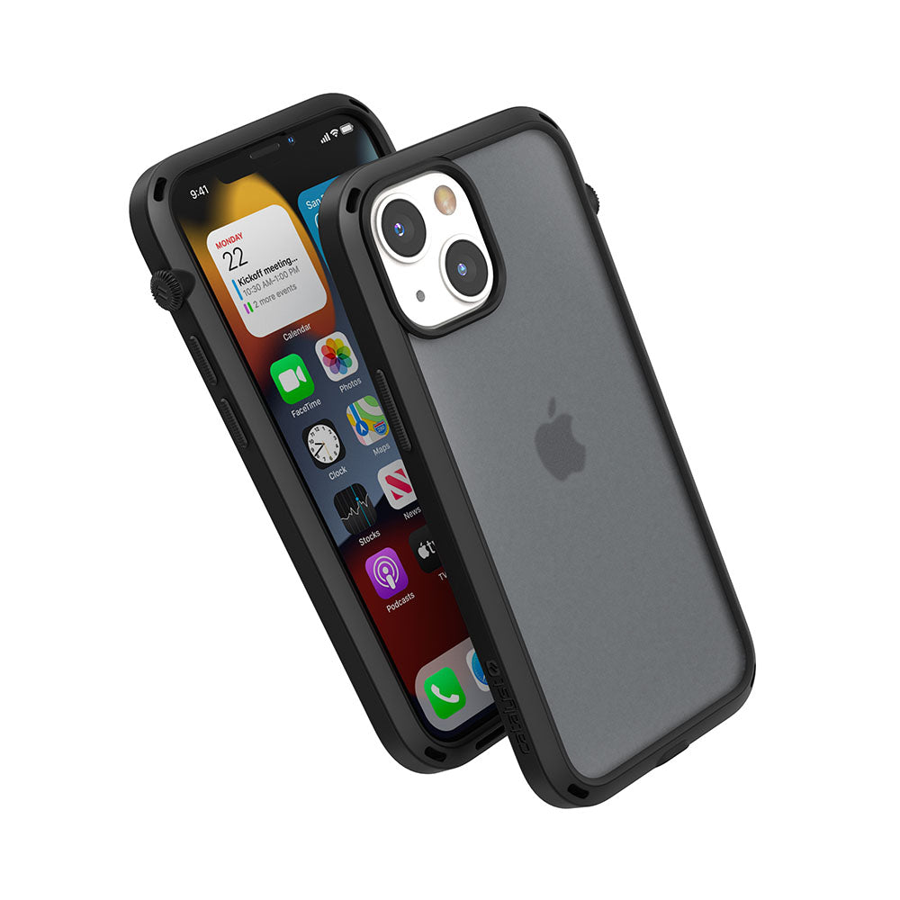 Catalyst iphone 13 series influence case in iphone 13 mini in stealth black showing the side front and back view of the case