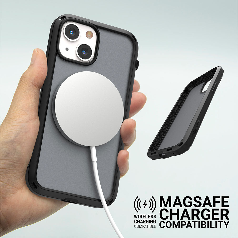 Catalyst iphone 13 series influence case in iphone 13 mini in stealth black with magsafe charger text reads wireless charging compatible magsafe charger compatibility