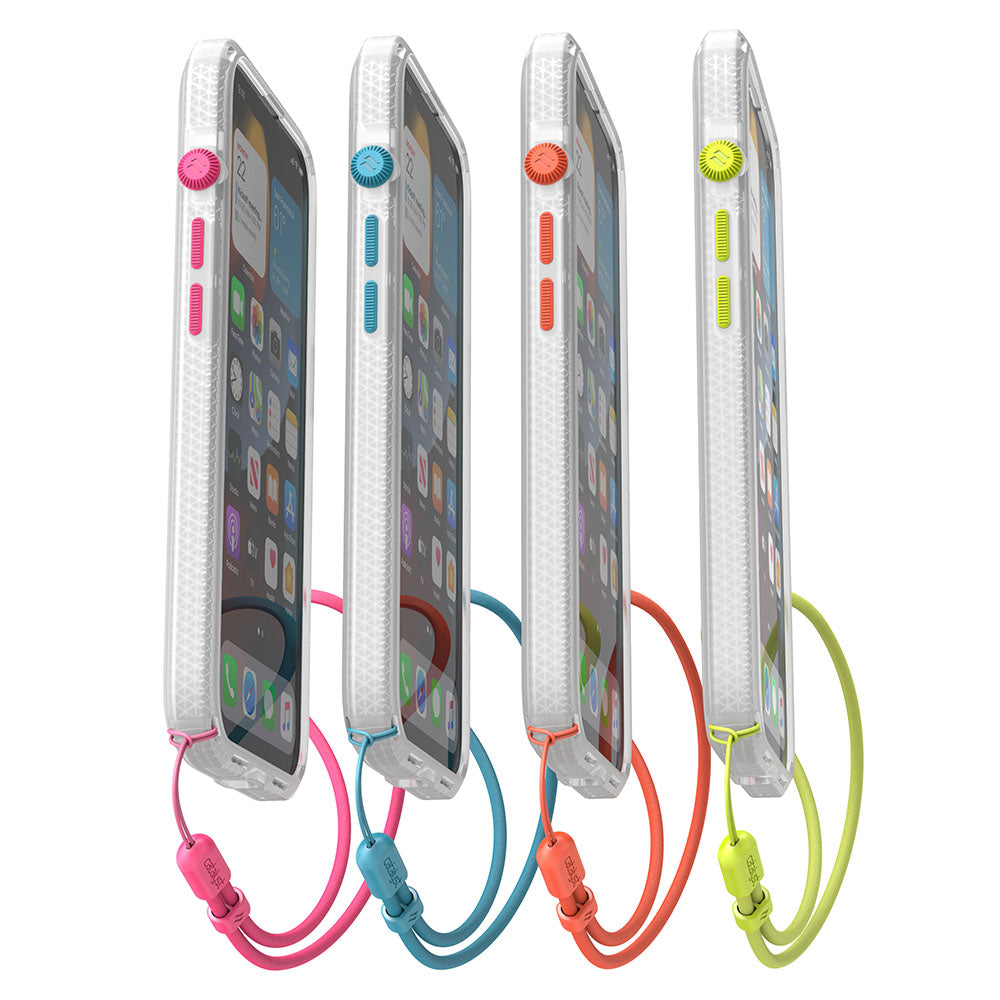 Catalyst iphone 13 series influence case in iphone 13 pro max clear colorway with colored lanyard attached