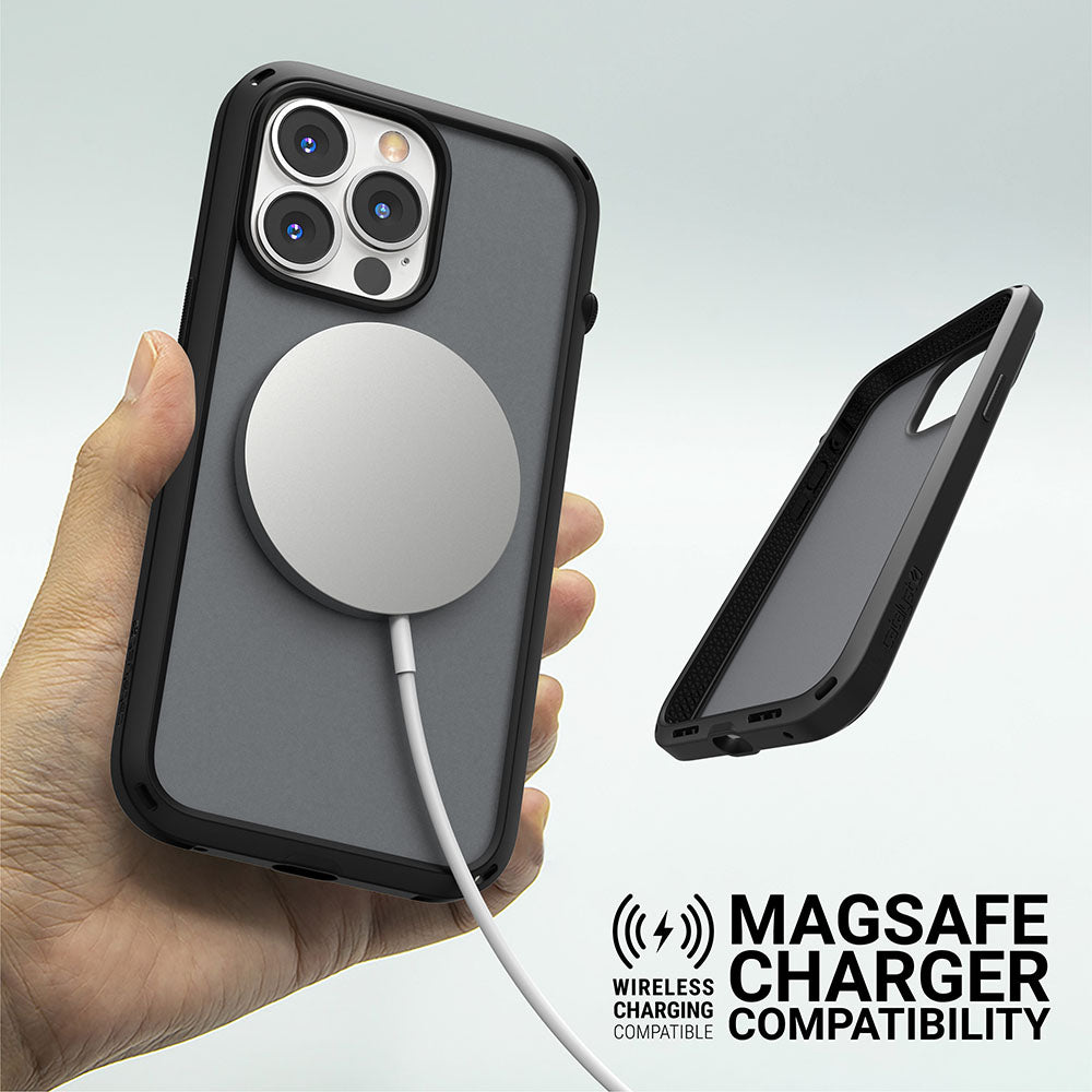 Catalyst iphone 13 series influence case in iphone 13 in stealth black with magsafe charger text reads wireless charging compatible magsafe charger compatibility