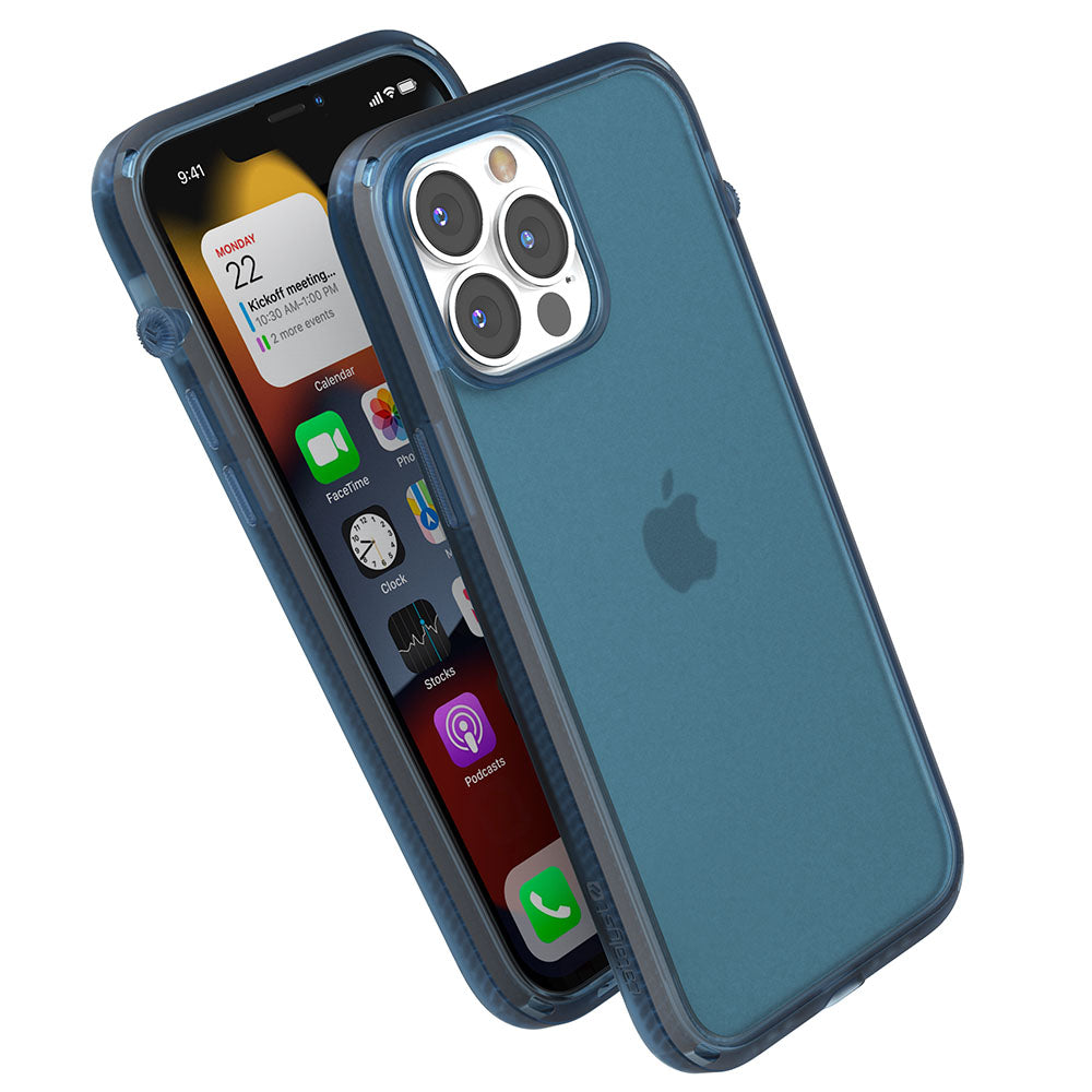 Catalyst iphone 13 series influence case in pacific blue showing the side and back view of the case
