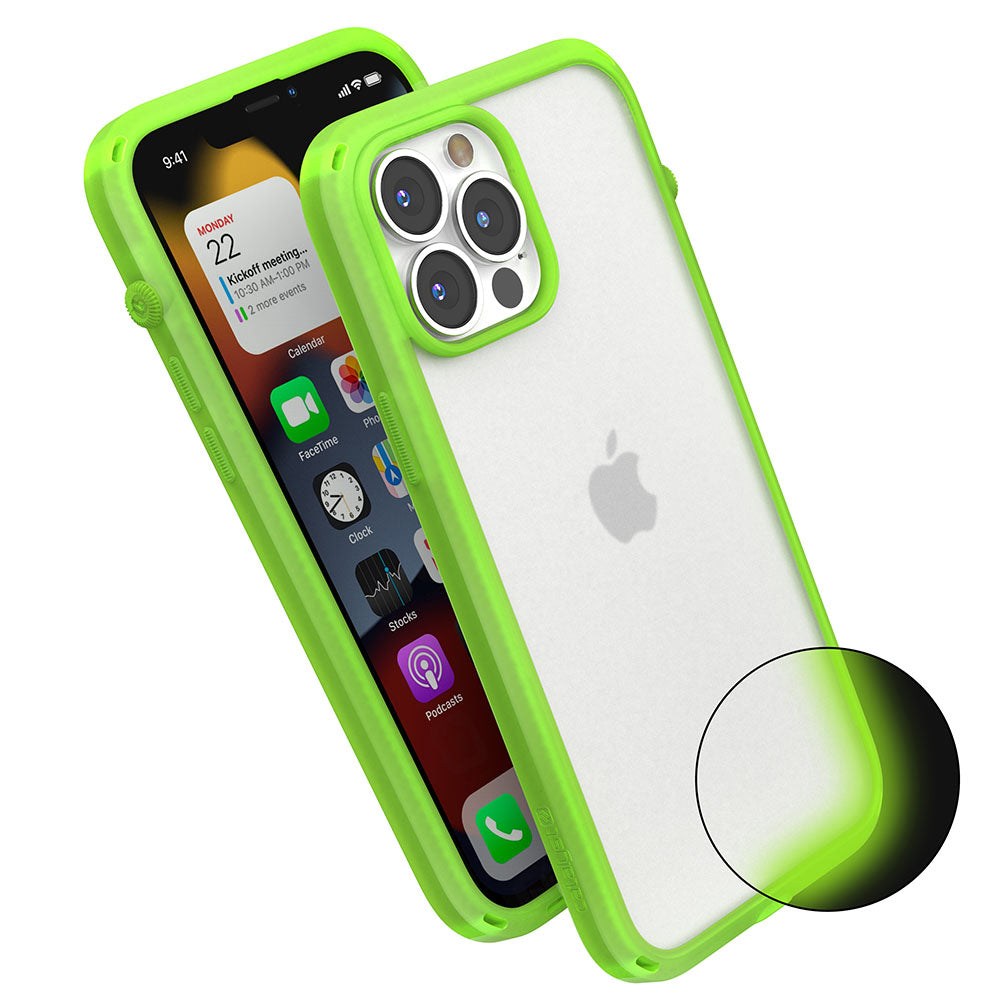 Catalyst iphone 13 series influence case iphone 13 pro max showing side and back view in glowing in the dark colorway