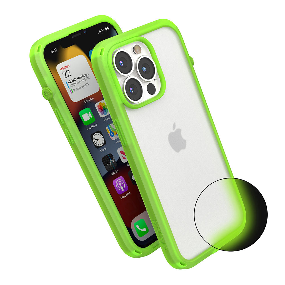 Catalyst iphone 13 series influence case showing side and back view in glowing in the dark colorway