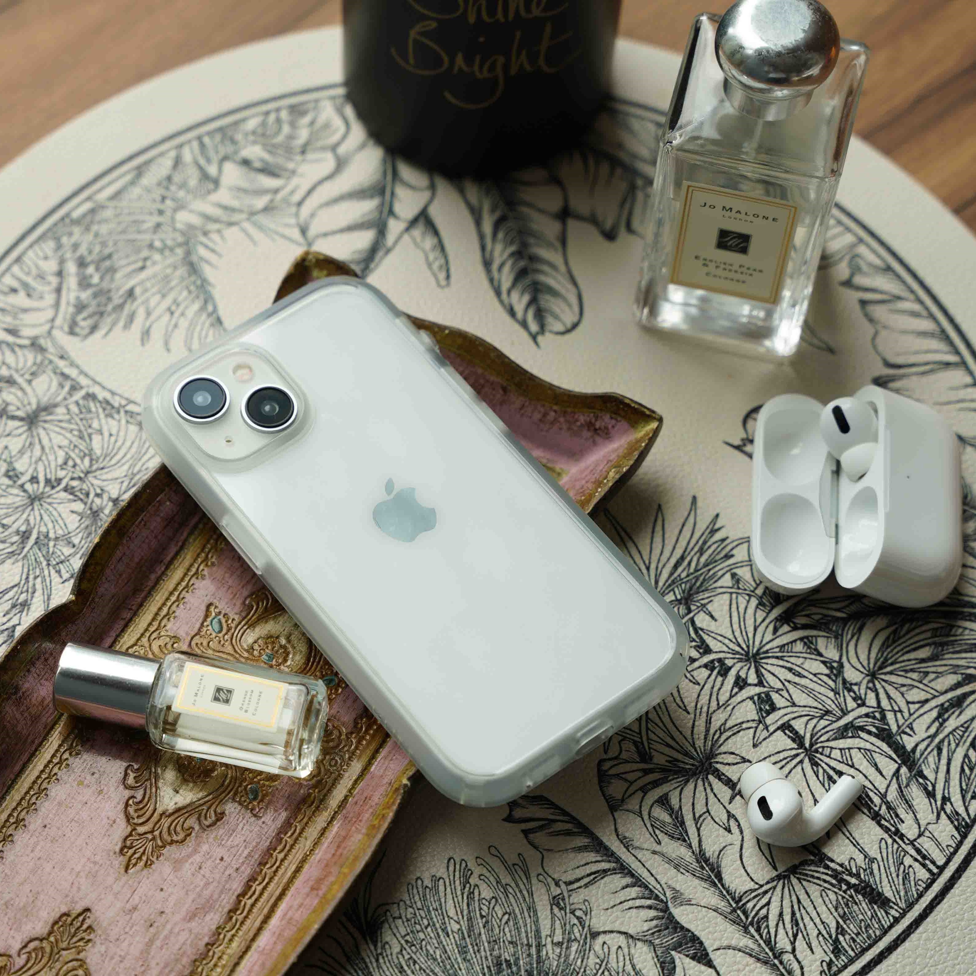 Catalyst iphone 15 series influence case iphone 15 in clear colorway with jo malone perfume and airpods pro