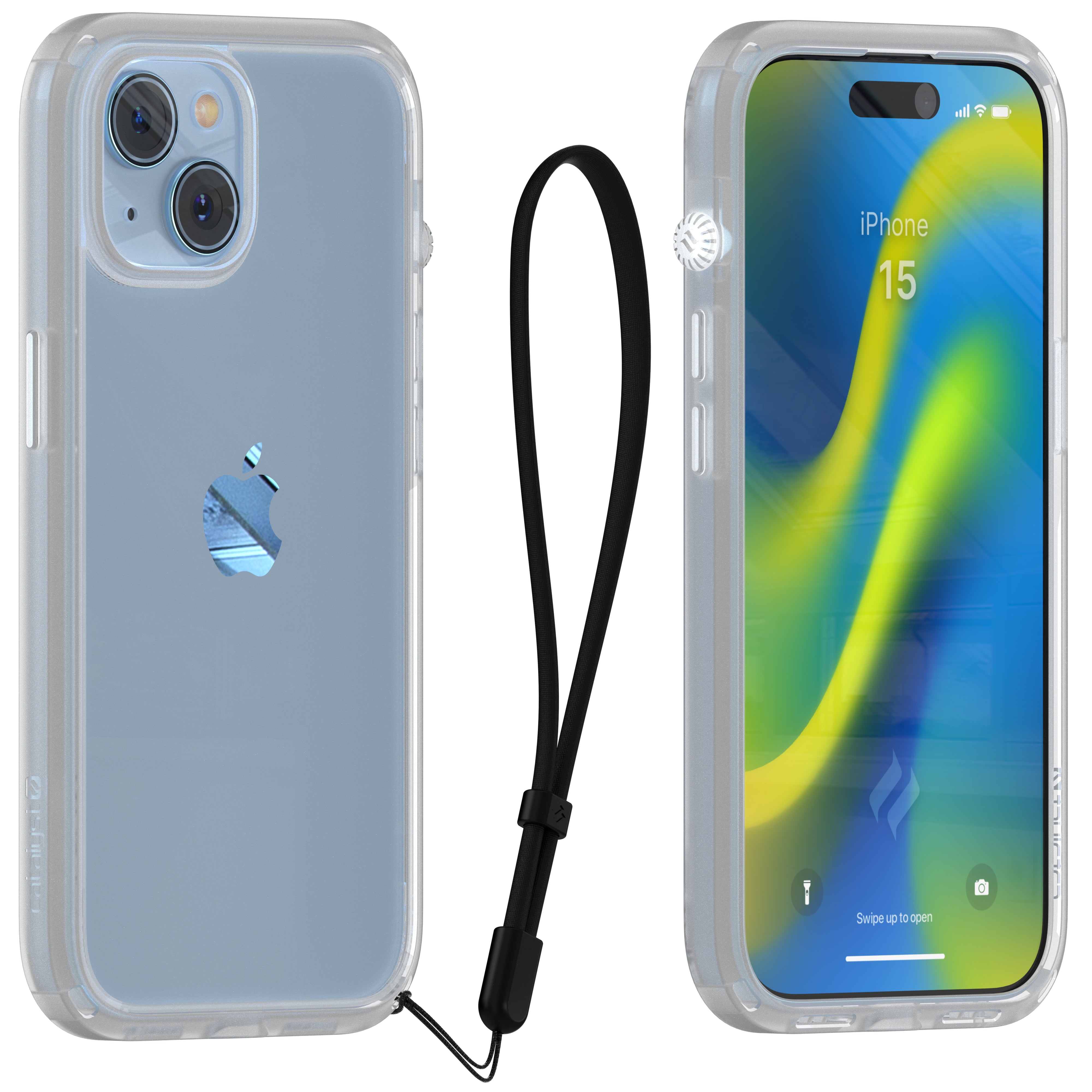Catalyst iphone 15 series influence case iphone 15 in clear colorway showing the back and front view of the case with lanyard