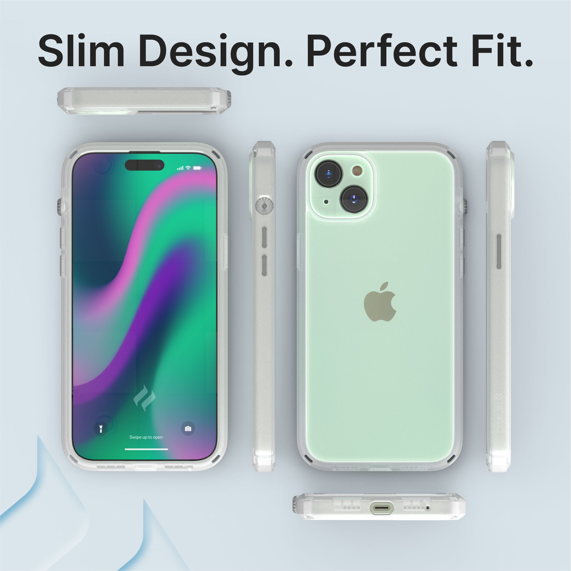 Catalyst iphone 15 series influence case iphone 15 plus in clear colorway showing all sides of the case text reads slim design perfect fit