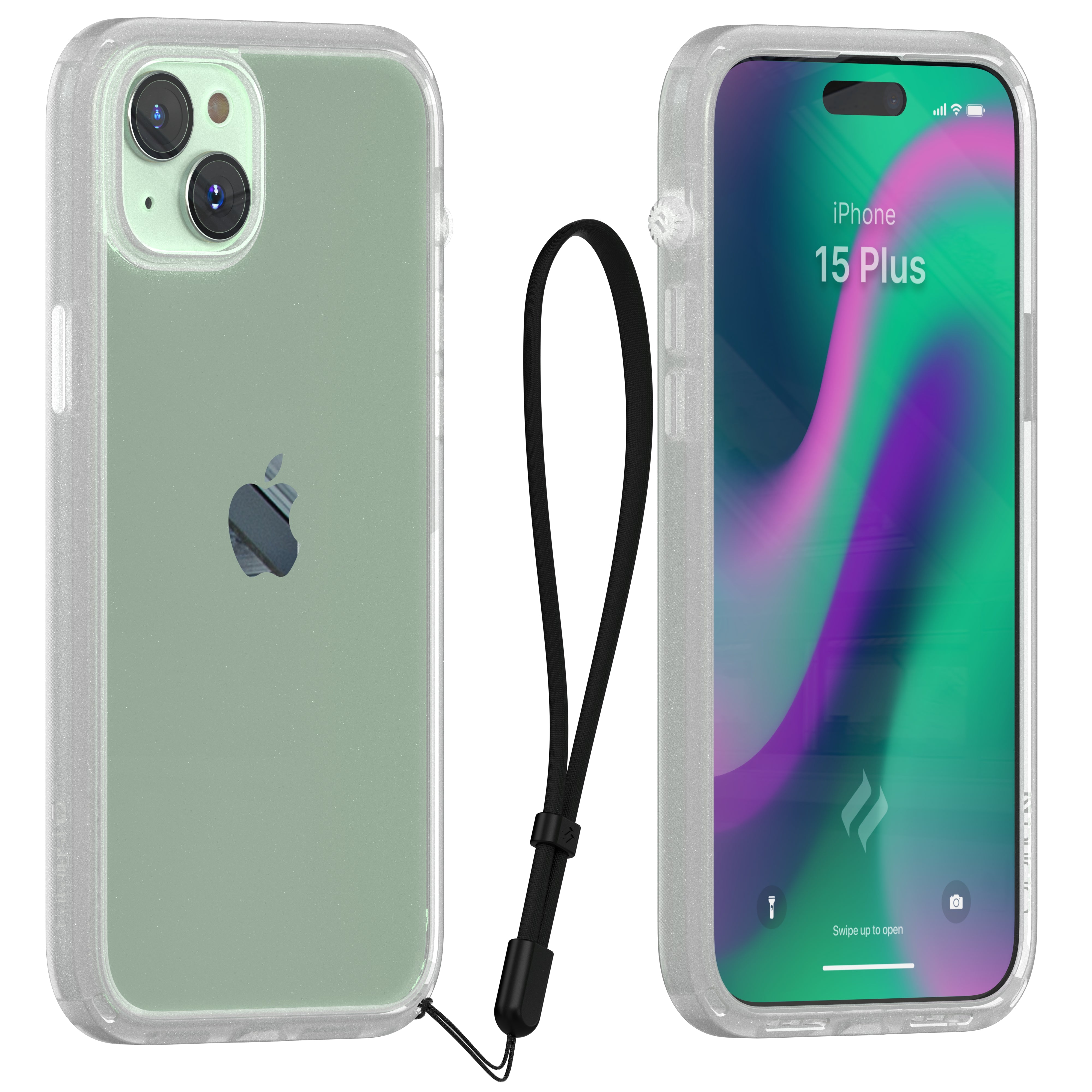 Catalyst iphone 15 series influence case iphone 15 pro in clear colorway showing the back and front view of the case with lanyard