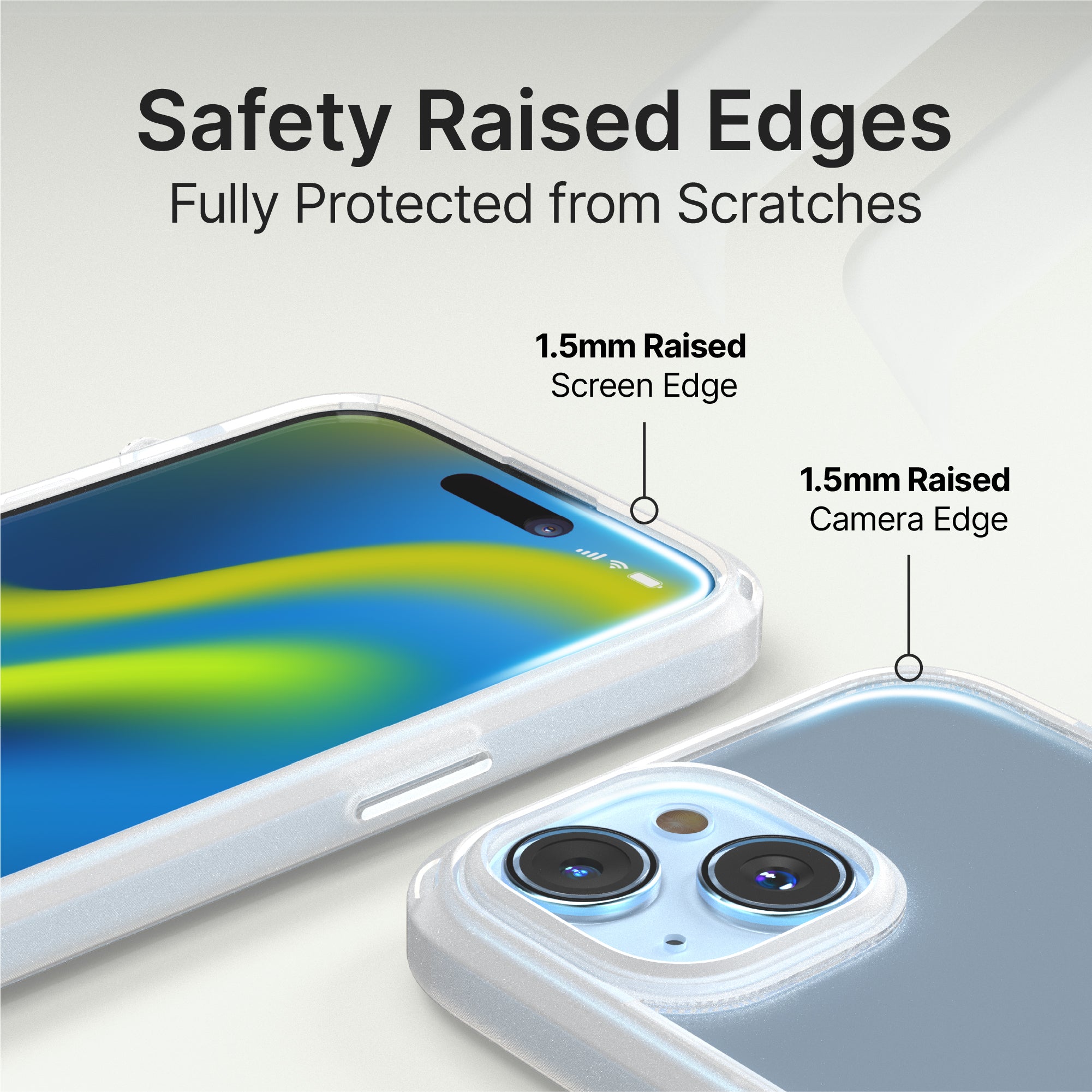 Catalyst iphone 15 series influence case iphone 15 pro in clear colorway showing the safety raised edges of the case text reads safety raised edges fully protected from scratches 1.5mm raised screen edge 1.5mm camera edge