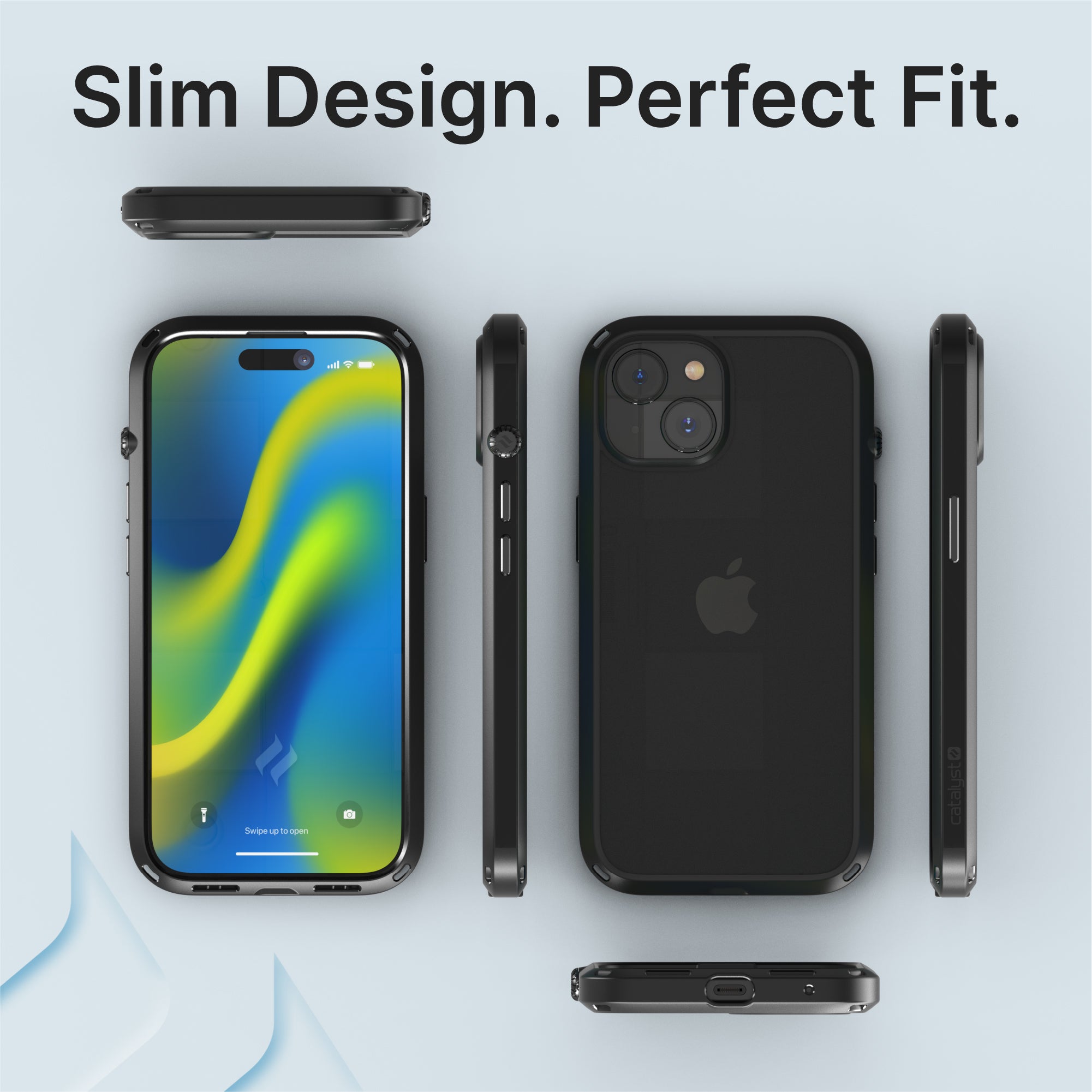 Catalyst iphone 15 series influence case iphone 15 pro in midnight black colorway showing all sides of the case text reads slim design perfect fit