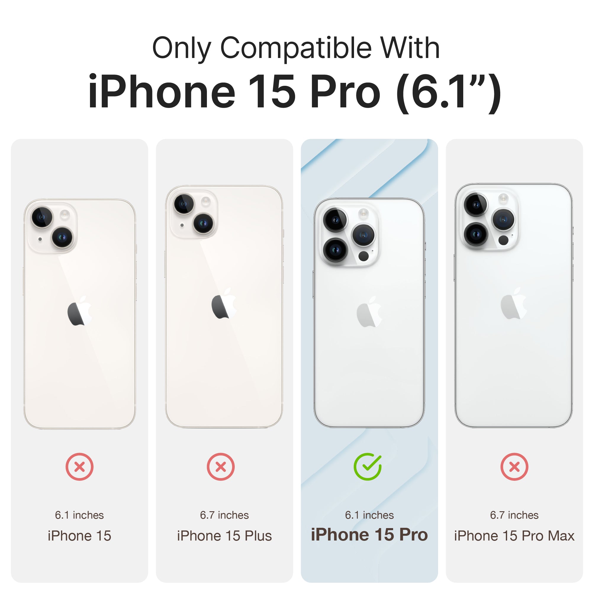 Catalyst iphone 15 series influence case iphone 15 pro-in-midnight-black-colorway showing the case sizes compatibility text reads only compatible with iphone 15 6.1 6 inches iphone 15 6.7 inches iphone 15 plus 6 inches iphone 15 pro 6.7 inches iphone 15 pro max