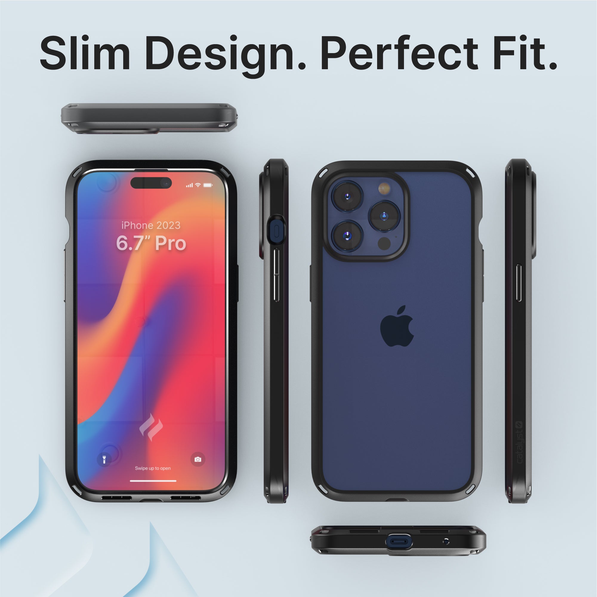 Catalyst iphone 15 series influence case iphone 15 pro max in midnight black colorway showing all sides of the case text reads slim design perfect fit
