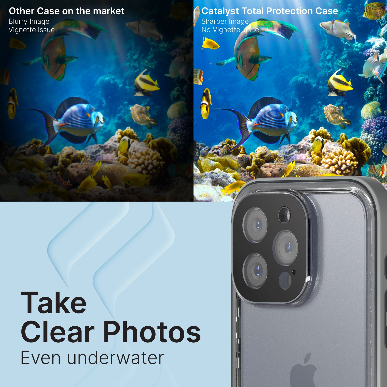 Catalyst iphone 15 pro/15 pro max waterproof case total protection 15 pro showing clear photos taken underwater in titanium gray text reads take clear photos even under water