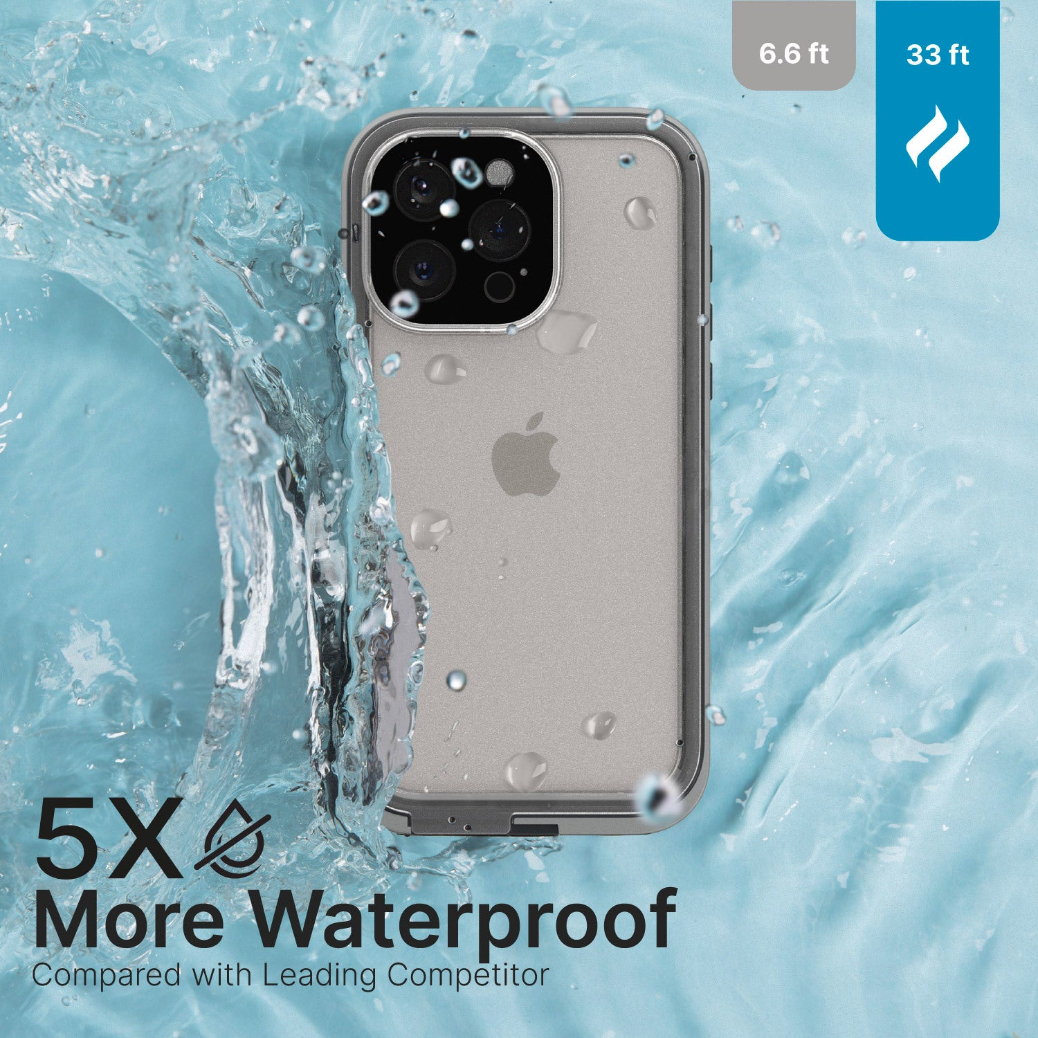 Catalyst iphone 15 pro/15 pro max waterproof case total protection 15 pro showing the back view of the case on the water in titanium gray text reads 5x more waterproof compared with leading competitor