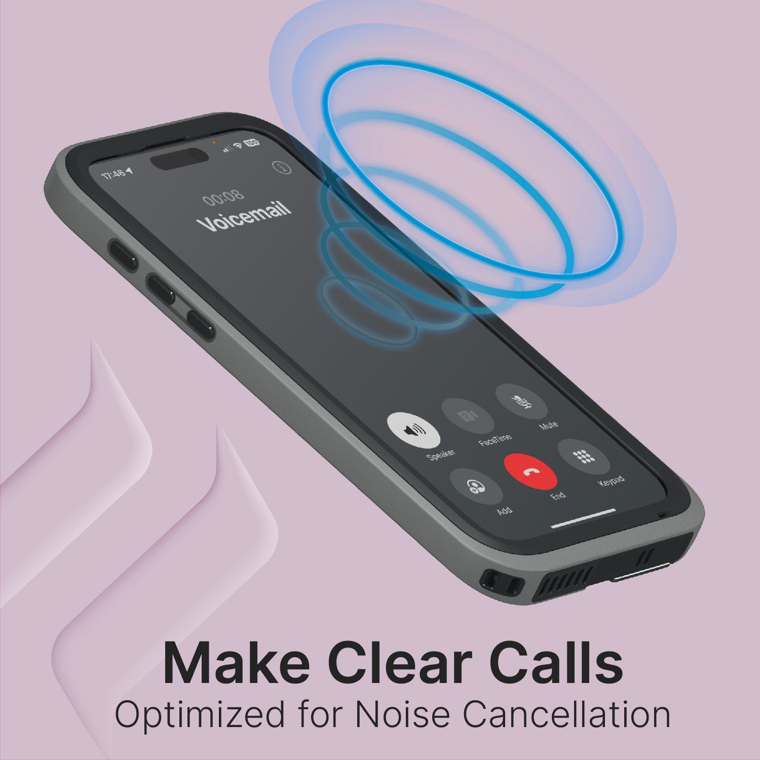 Catalyst iPhone 15 Pro waterproof case total protection showing the noise cancellation of the case in titanium gray