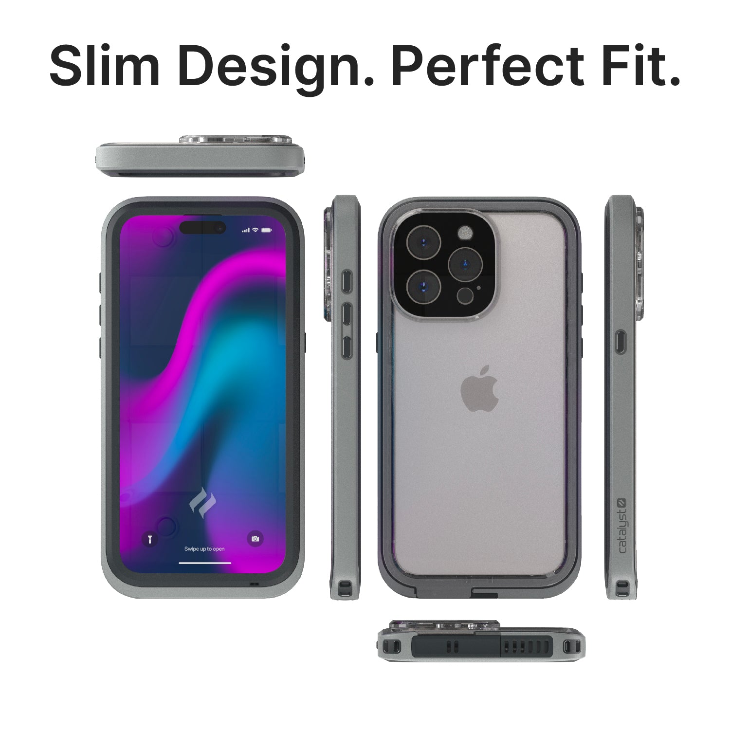 Catalyst iPhone 15 Pro Max waterproof case total protection showing different views of the case text reads slim design perfect fit