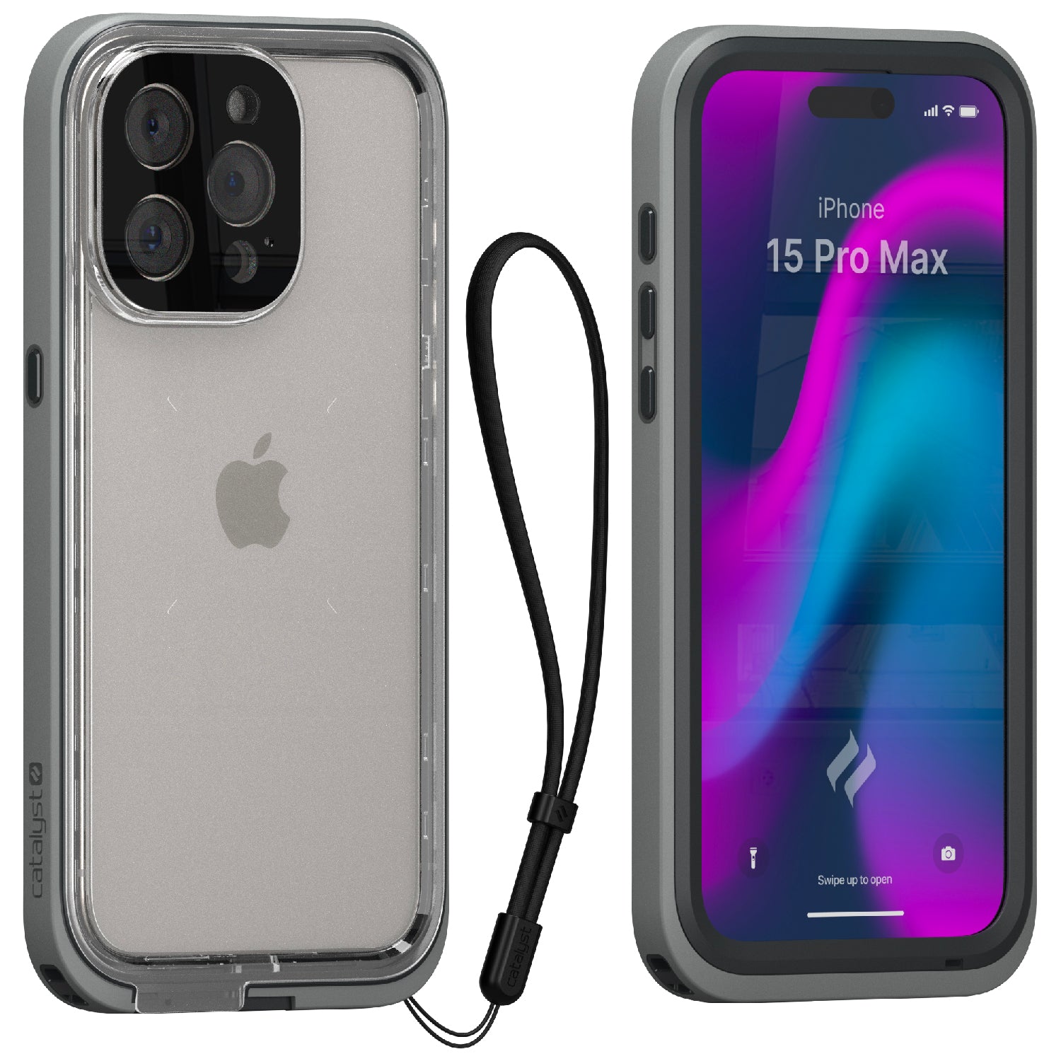 Catalyst iphone 15 pro/15 pro max waterproof case total protection iphone 15 pro showing the case front and back view with lanyard attached