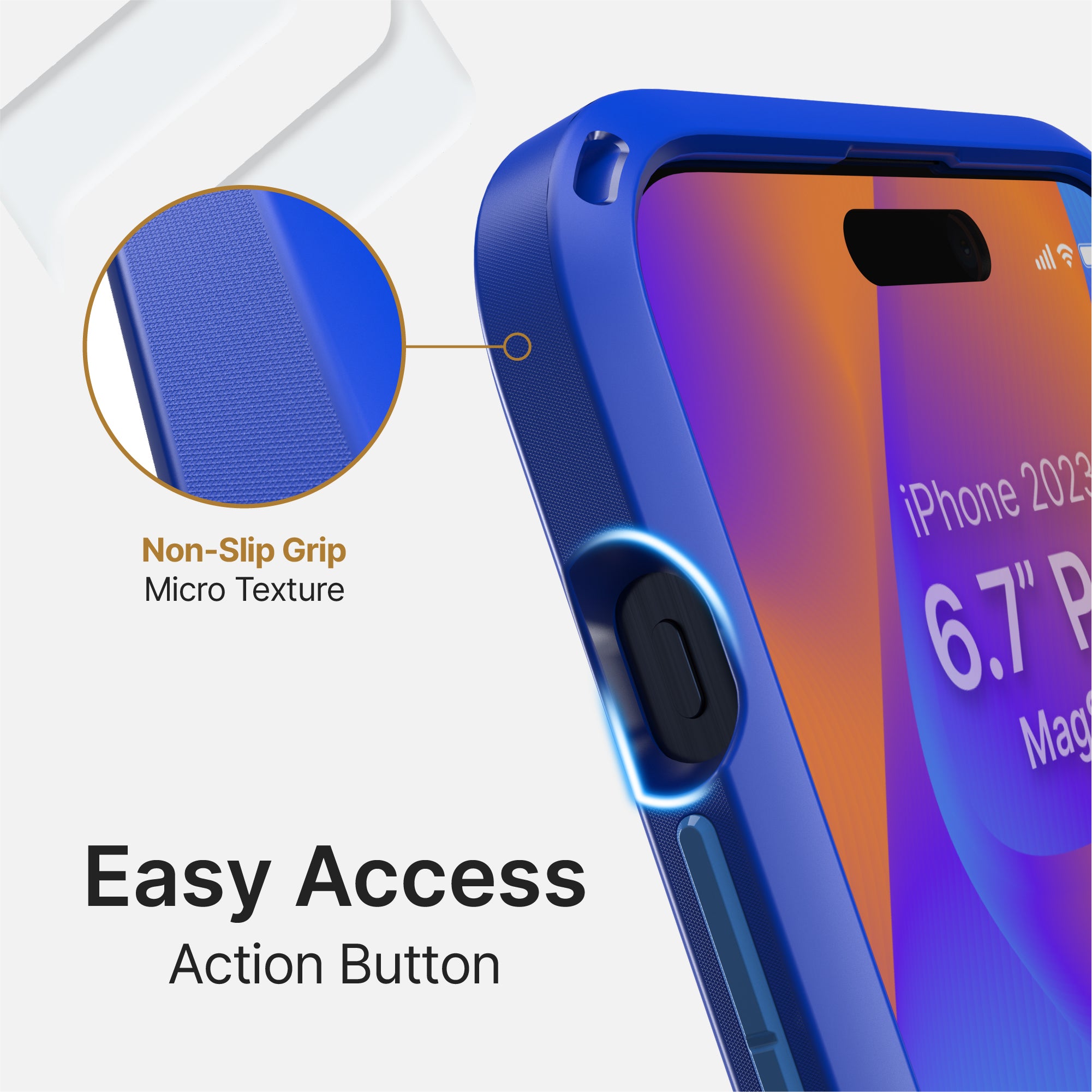 catalyst iphone 15 series influence case magsafe compatible atlantic blue for iphone 15 pro max showing the micro texture and easy access action button text reads non slip grip micro texture easy access action button