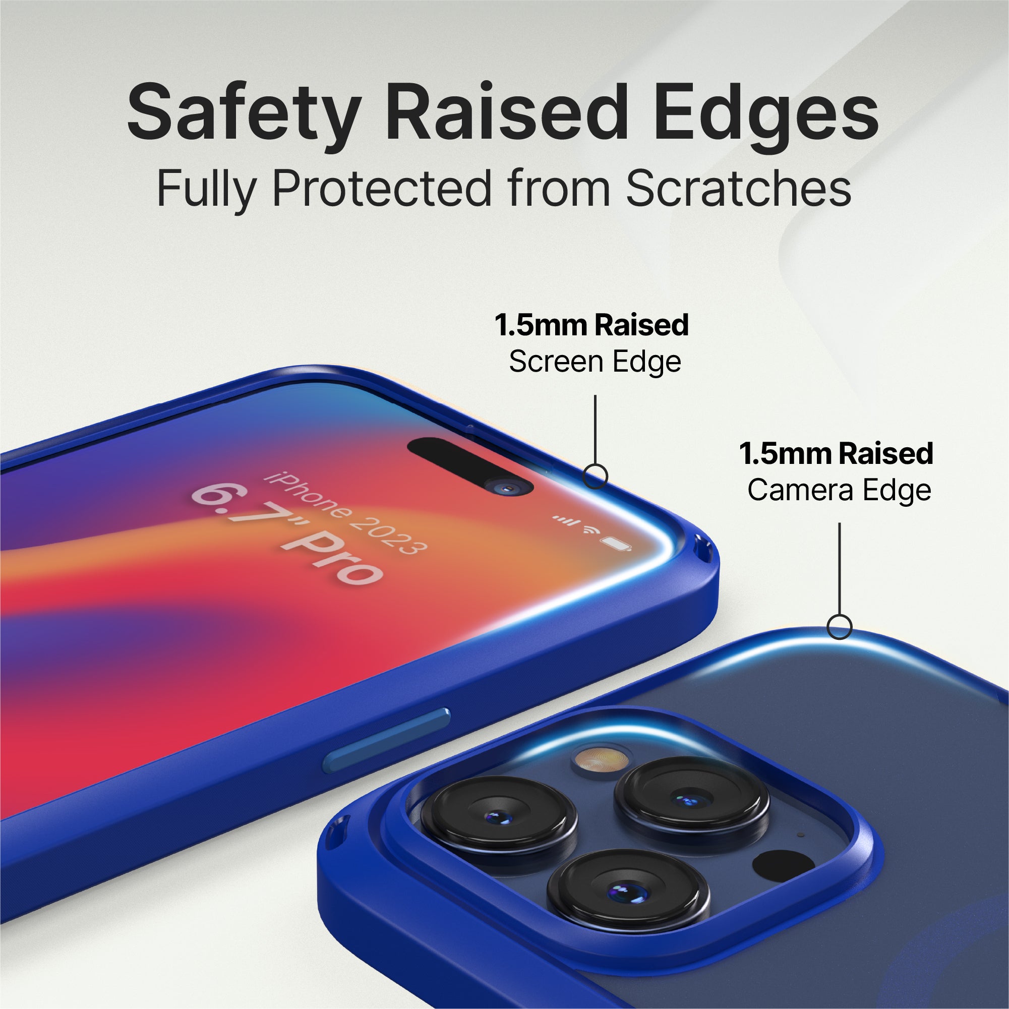 catalyst iphone 15 series influence case magsafe compatible atlantic blue for iphone 15 pro max showing the safety raised edges for camera and screen text reads safety raised edges fully protected from scratches 1.5mm raised screen edge 1.5mm raised camera edge