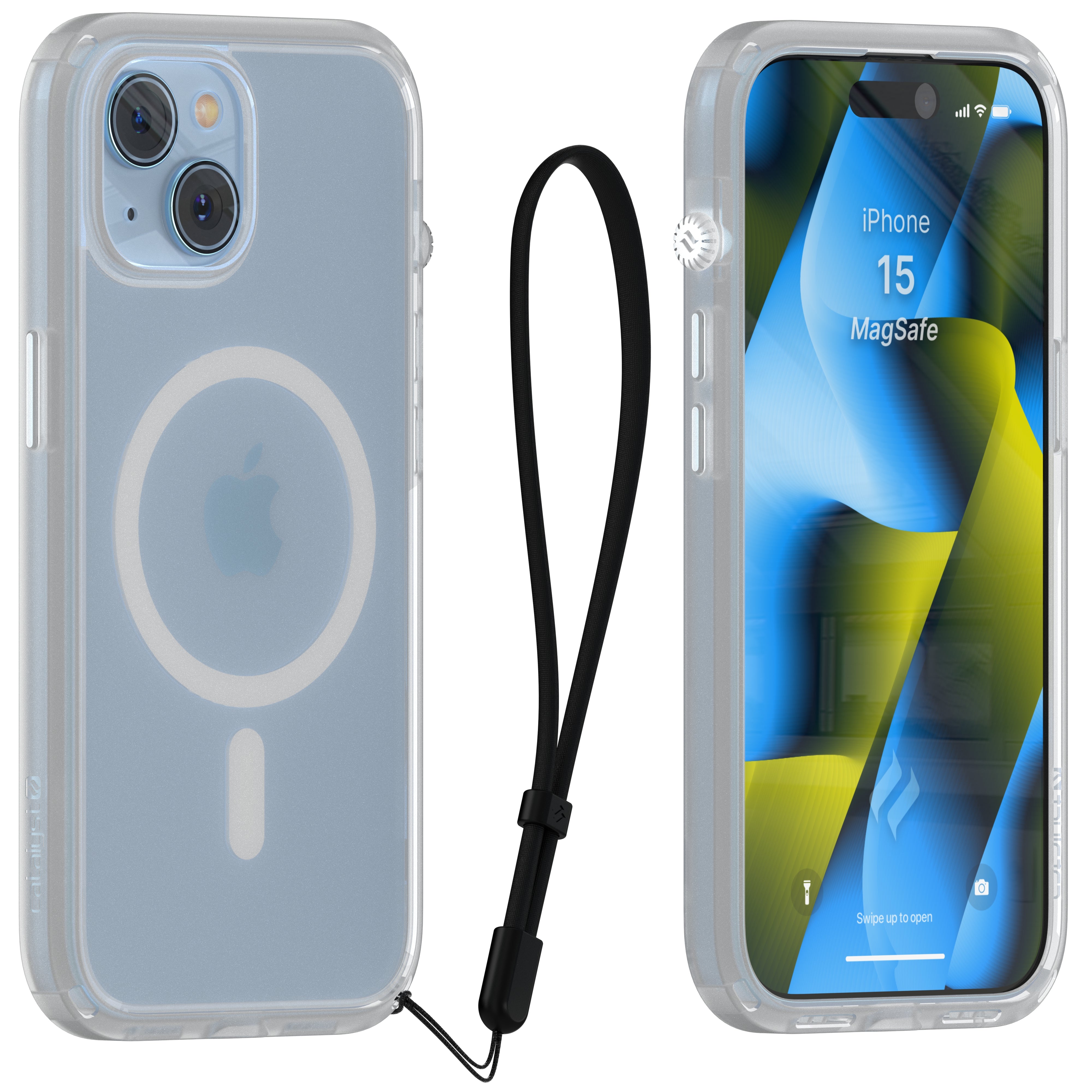catalyst iphone 15 series influence case magsafe compatible clear for iphone 15 front and back view with a lanyard