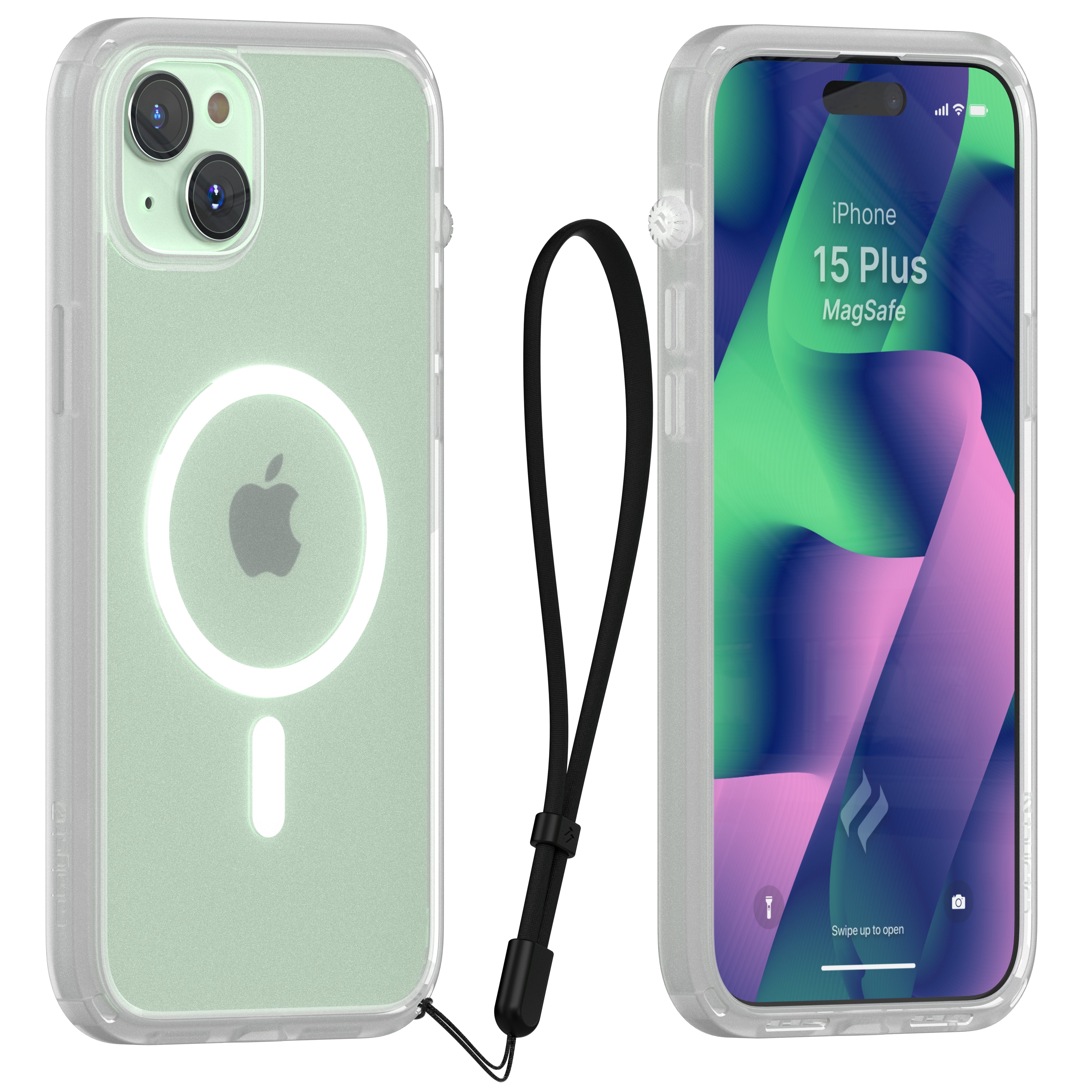 catalyst iphone 15 series influence case magsafe compatible clear for iphone 15 plus front and back view with a lanyard