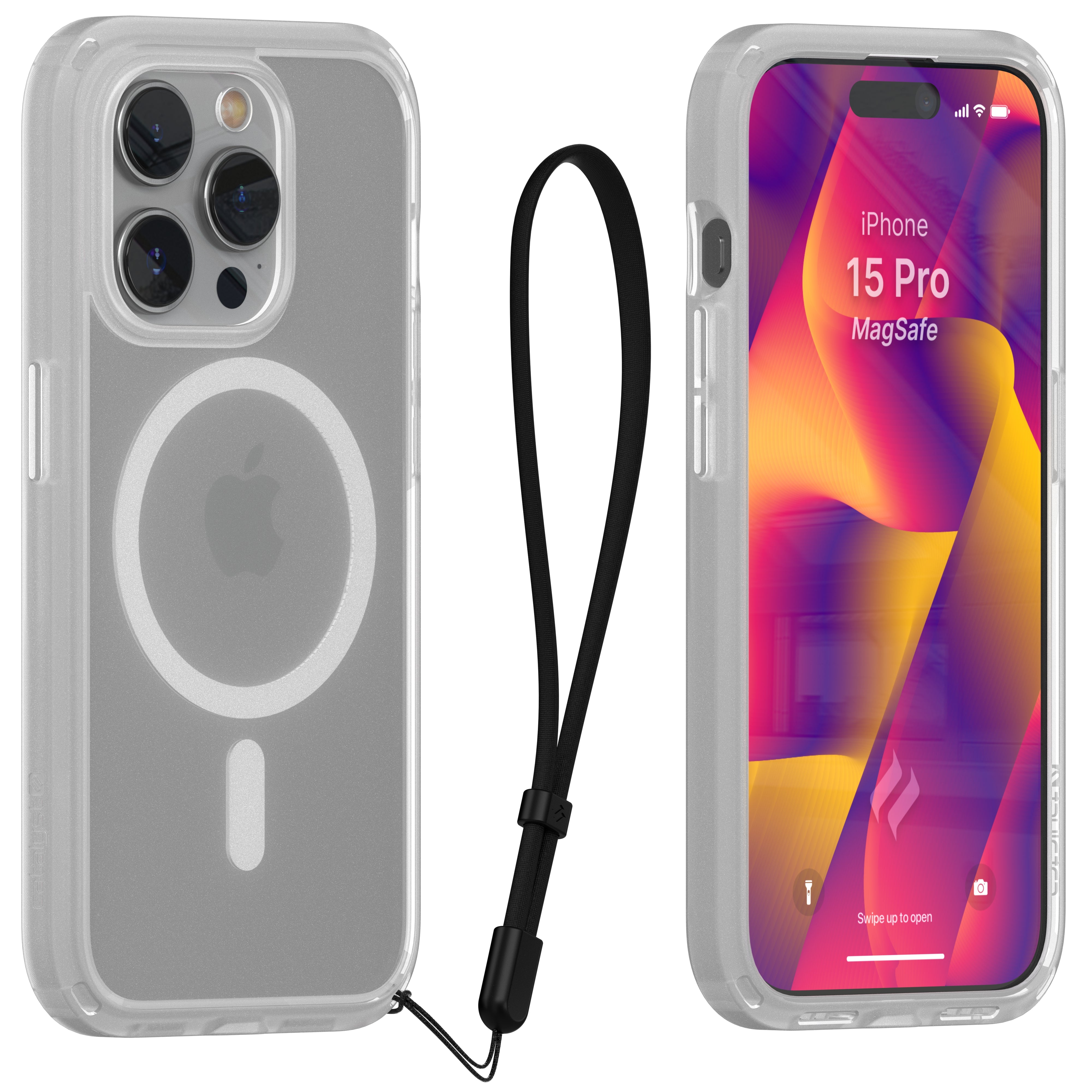 catalyst iphone 15 series influence case magsafe compatible clear for iphone 15 pro front and back view with a lanyard