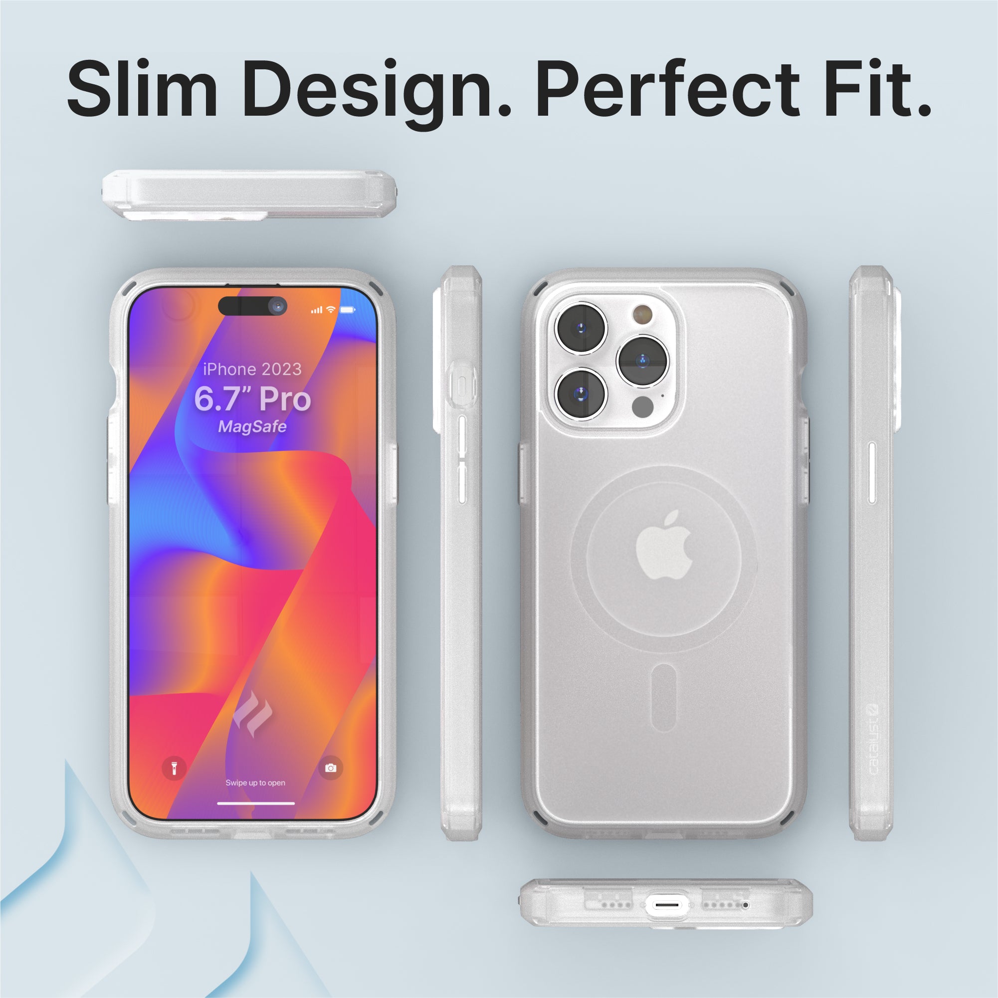 catalyst iphone 15 series influence case magsafe compatible clear for iphone 15 pro front back side bottom top views text reads slim design perfect fit