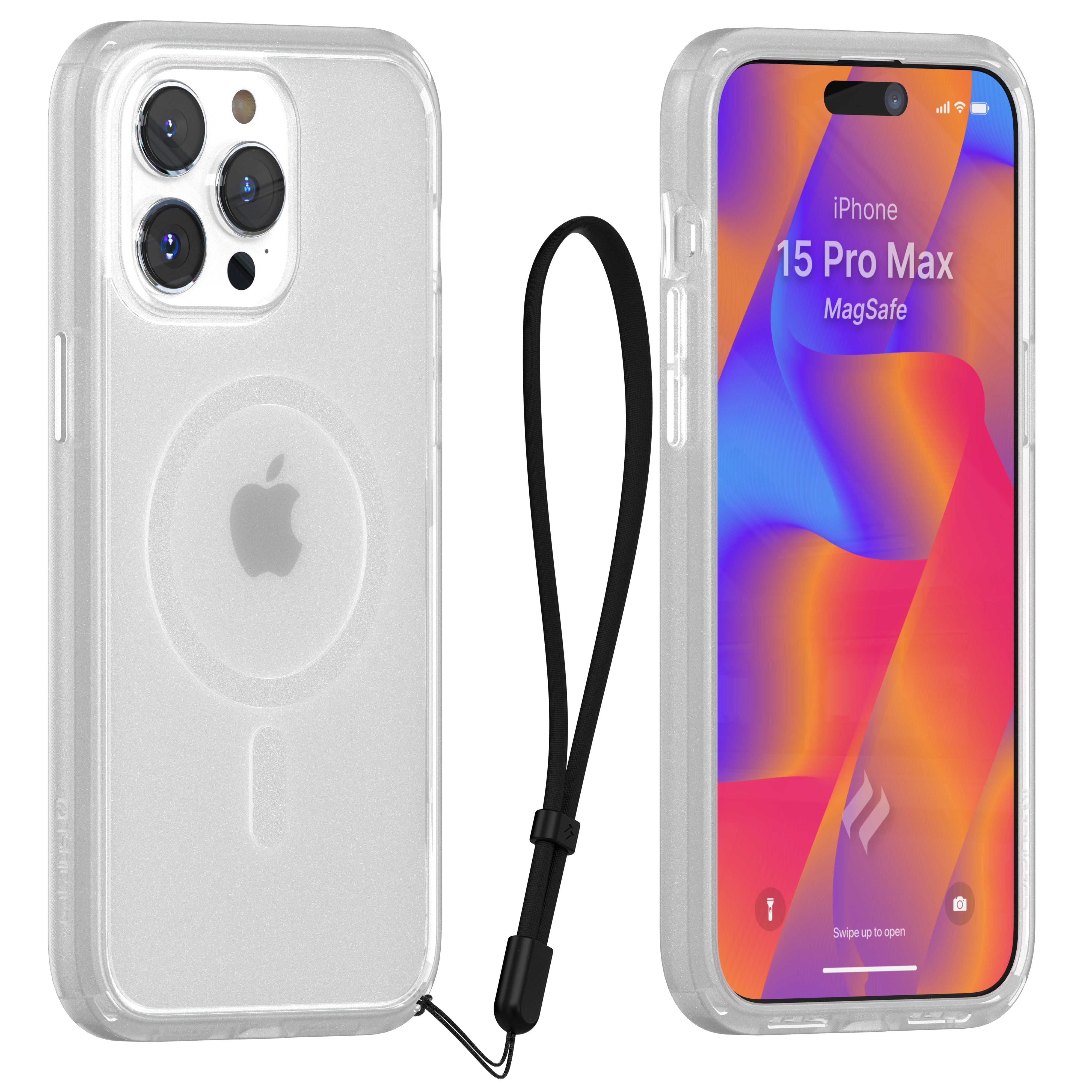 catalyst iphone 15 series influence case magsafe compatible clear for iphone 15 pro max front and back view with a lanyard