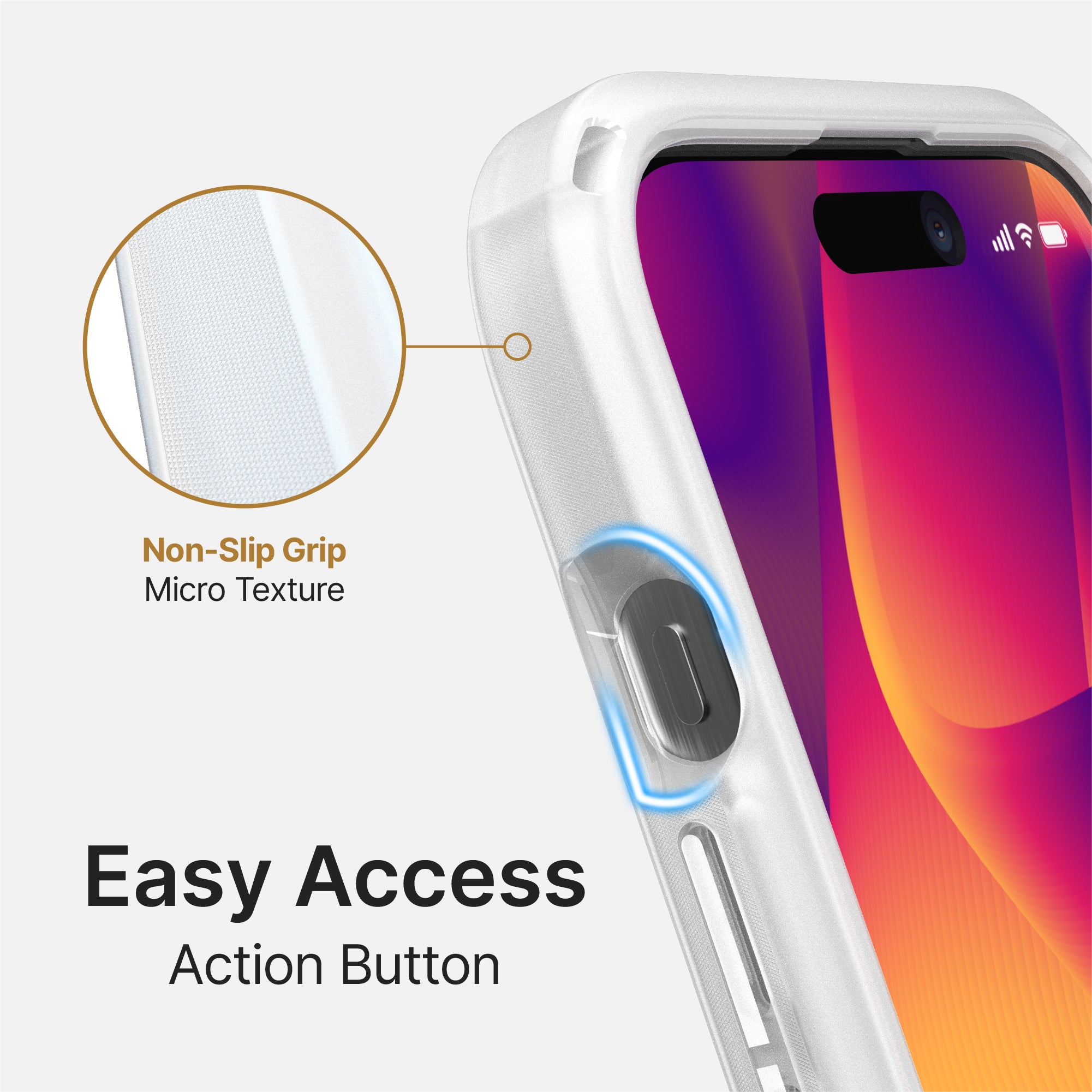 catalyst iphone 15 series influence case magsafe compatible clear for iphone 15 pro max showing the micro texture and easy access action button text reads non slip grip micro texture easy access action button