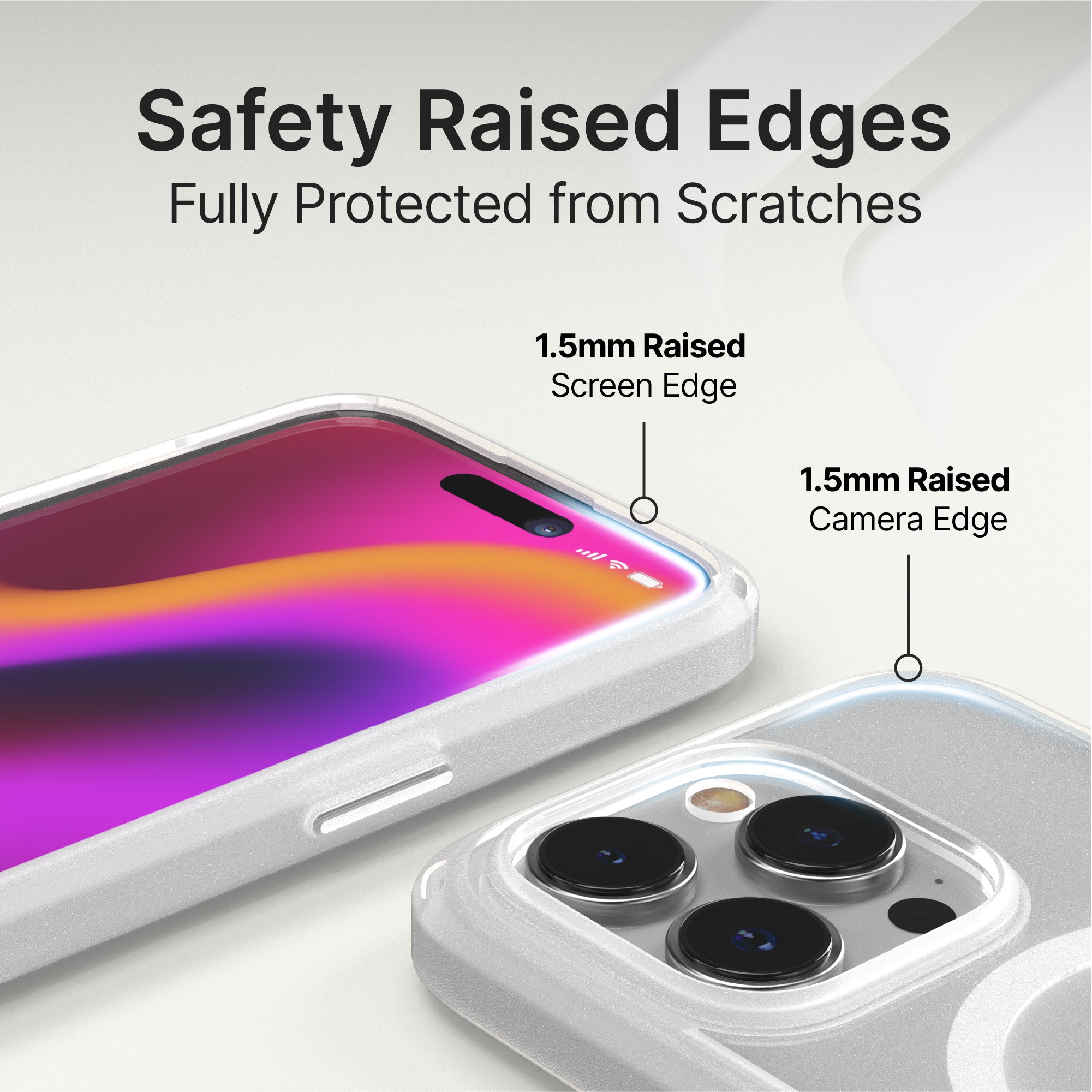 catalyst iphone 15 series influence case magsafe compatible clear for iphone 15 pro showing the safety raised edges for camera and screen text reads safety raised edges fully protected from scratches 1.5mm raised screen edge 1.5mm raised camera edge
