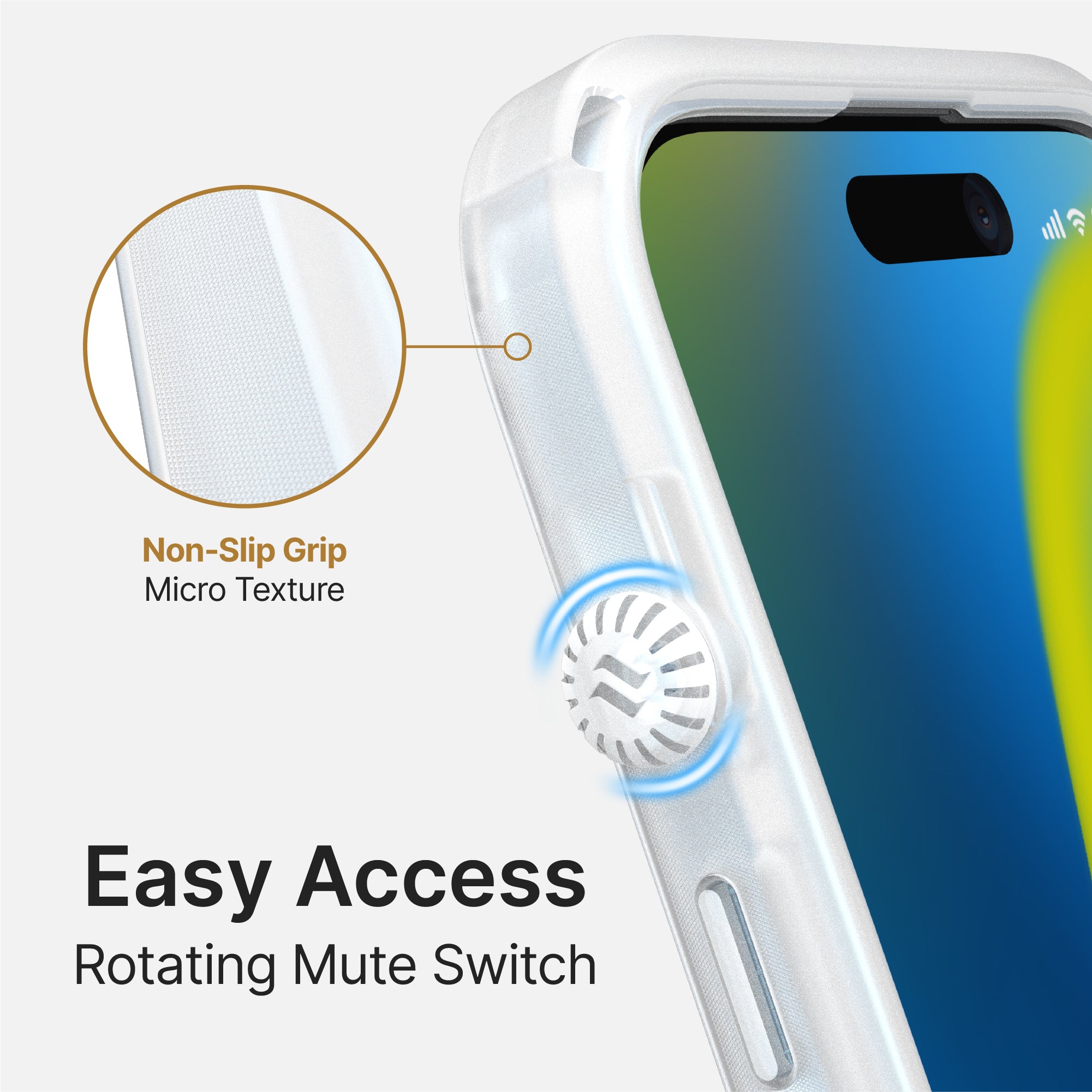 catalyst iphone 15 series influence case magsafe compatible clear for iphone 15 showing the micro texture and rotating mute switch text reads non slip grip micro texture easy access rotating mute switch