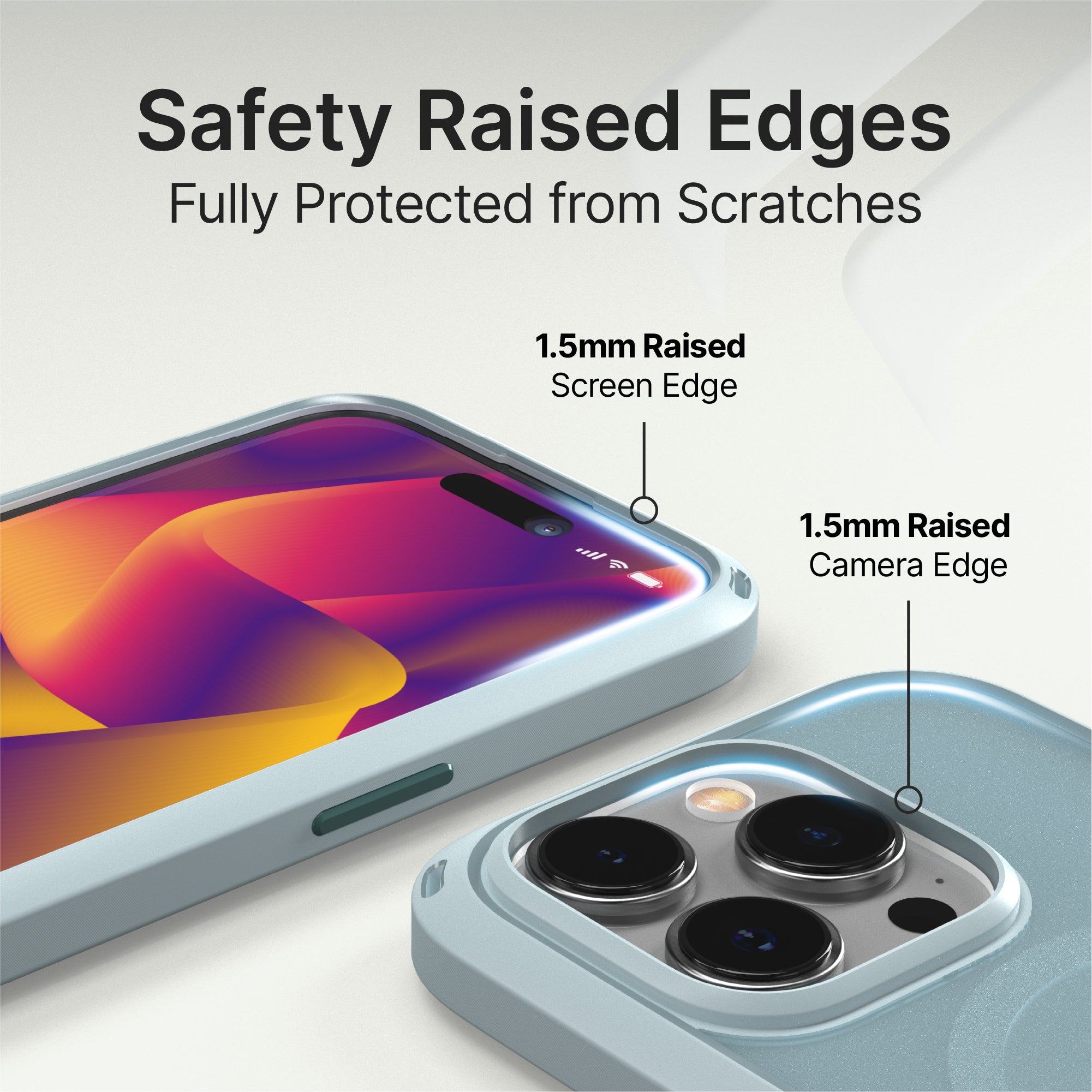 catalyst iphone 15 series influence case magsafe compatible sage green for iphone 15 pro showing the safety raised edges for camera and screen text reads safety raised edges fully protected from scratches 1.5mm raised screen edge 1.5mm raised camera edge