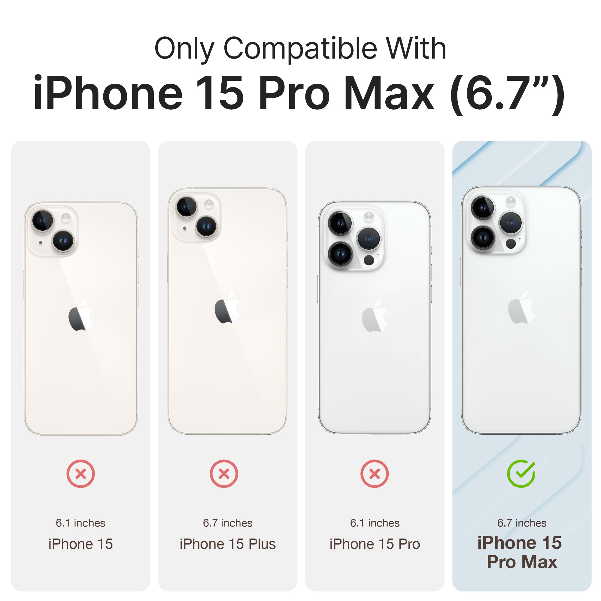 catalyst iphone 15 series influence case magsafe compatible showing different sizes of iphone 15 series green check on iphone 15 pro max text reads only compatible with iphone 15 pro max 6.7" 6.1" 6.1 inches iphone 15 6.7 inches iphone 15 plus 6.1 iphone 15 pro 6.7 inches iphone 15 plus
