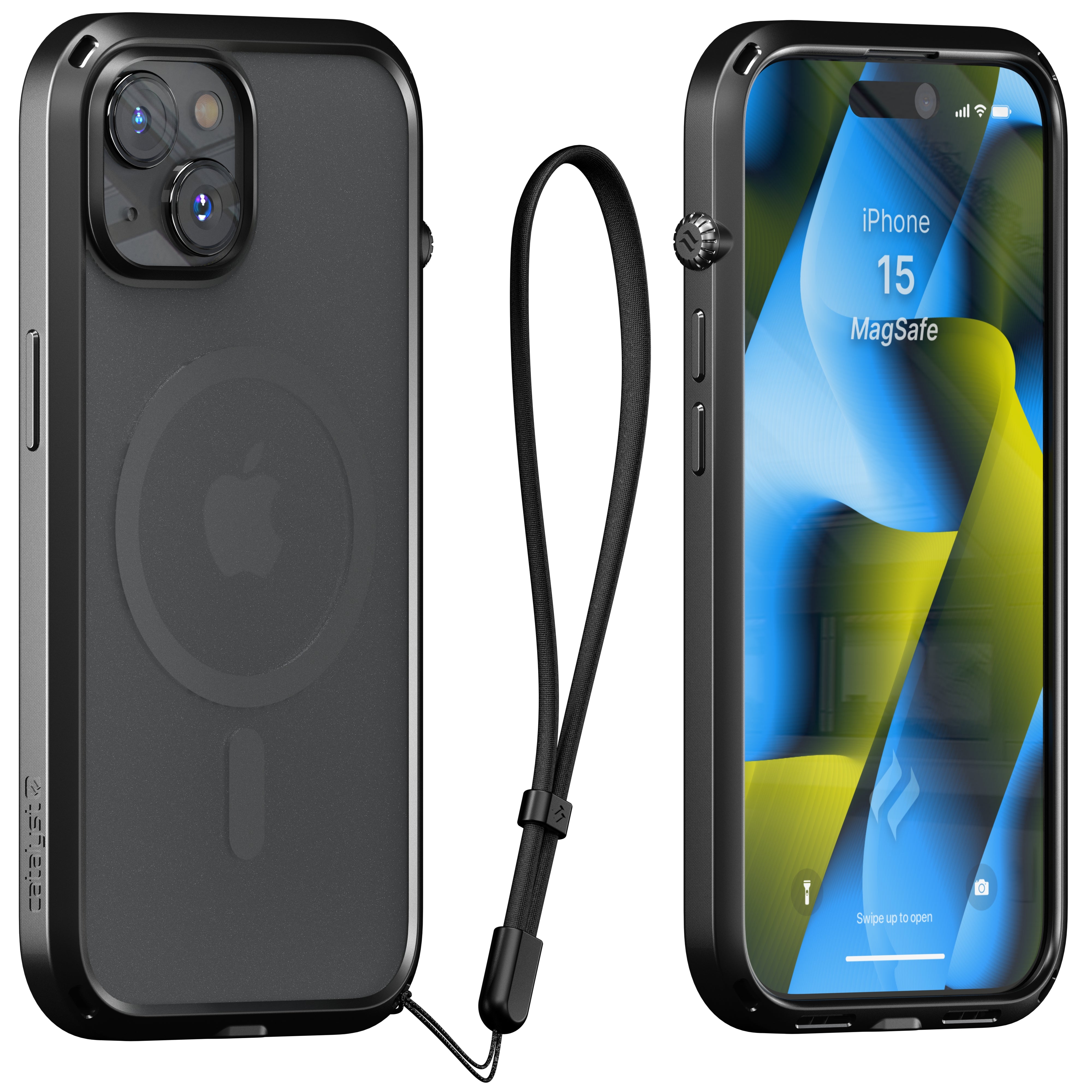 catalyst iphone 15 series influence case magsafe compatible stealth black for iphone 15 front and back view with a lanyard