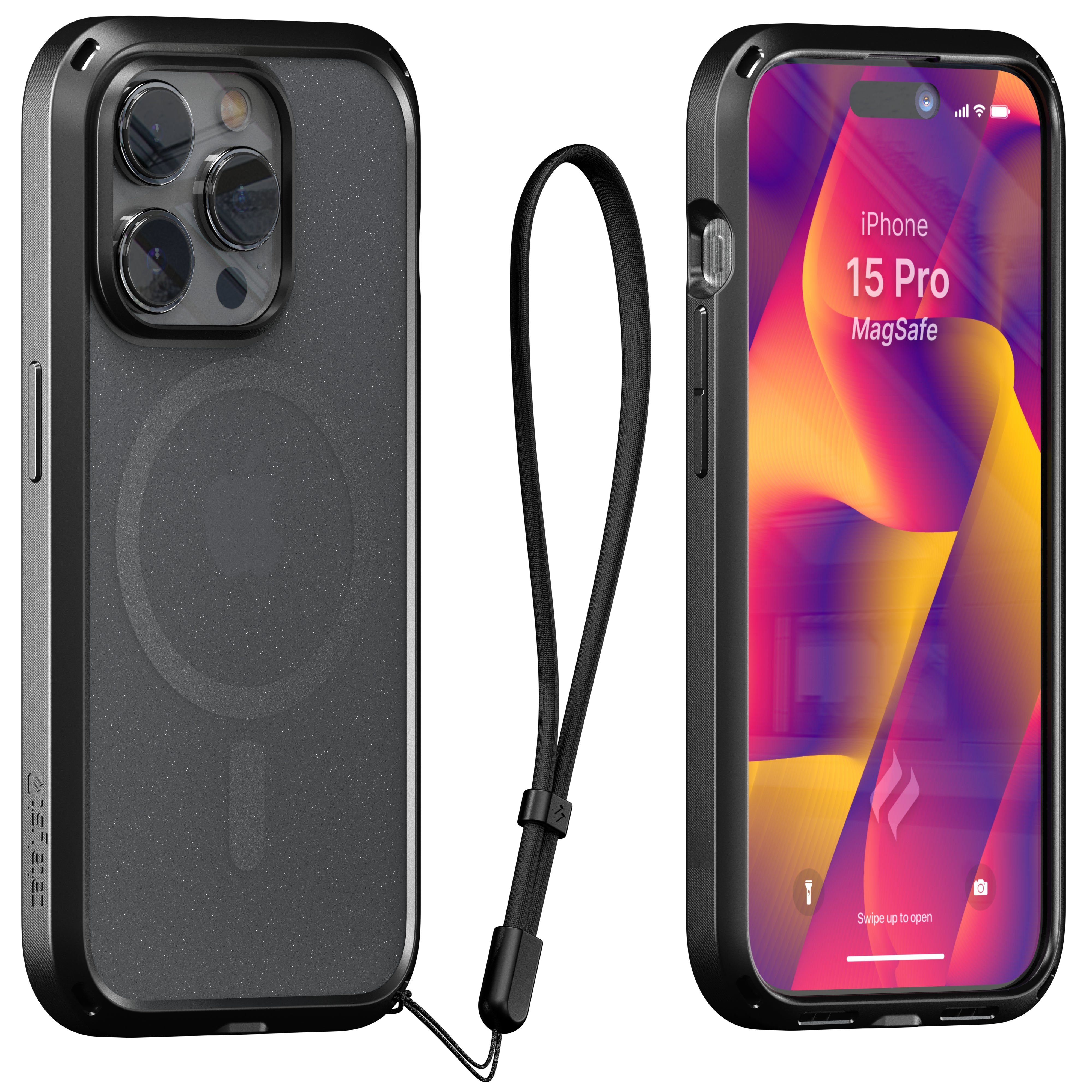 catalyst iphone 15 series influence case magsafe compatible stealth black for iphone 15 pro front and back view with a lanyard